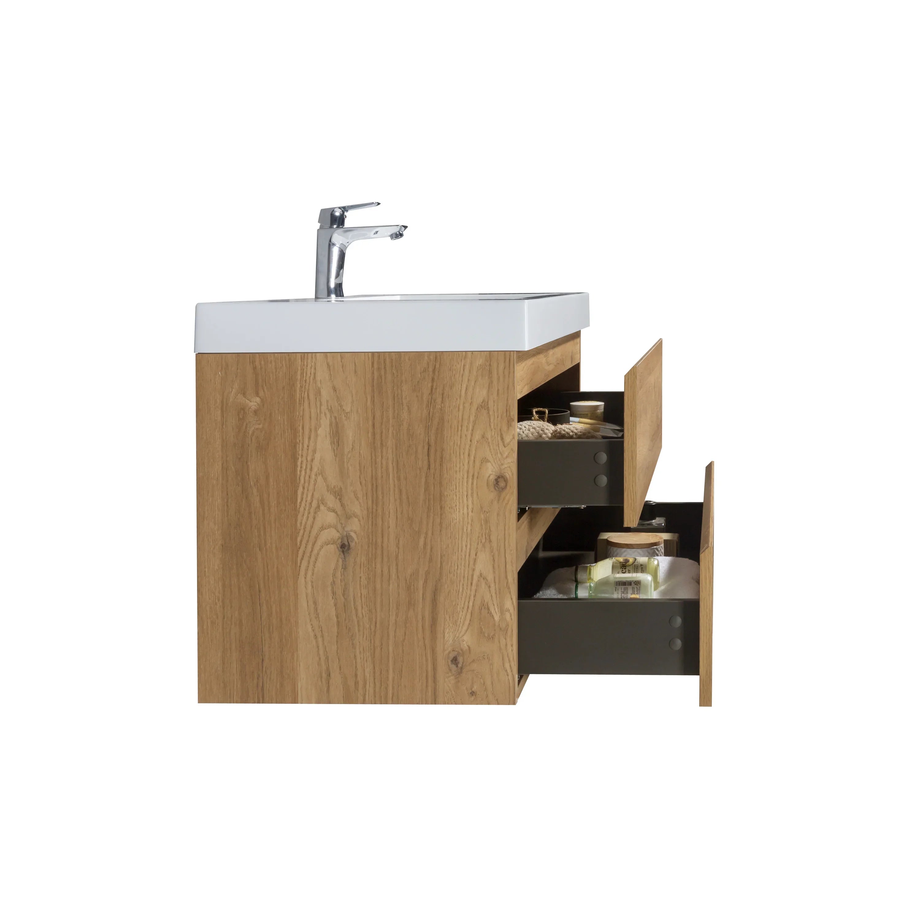 36" Rough Oak Wall Mount Bathroom Vanity with White Polymarble Countertop-Migration_Bathroom Vanities-DECOROLALA