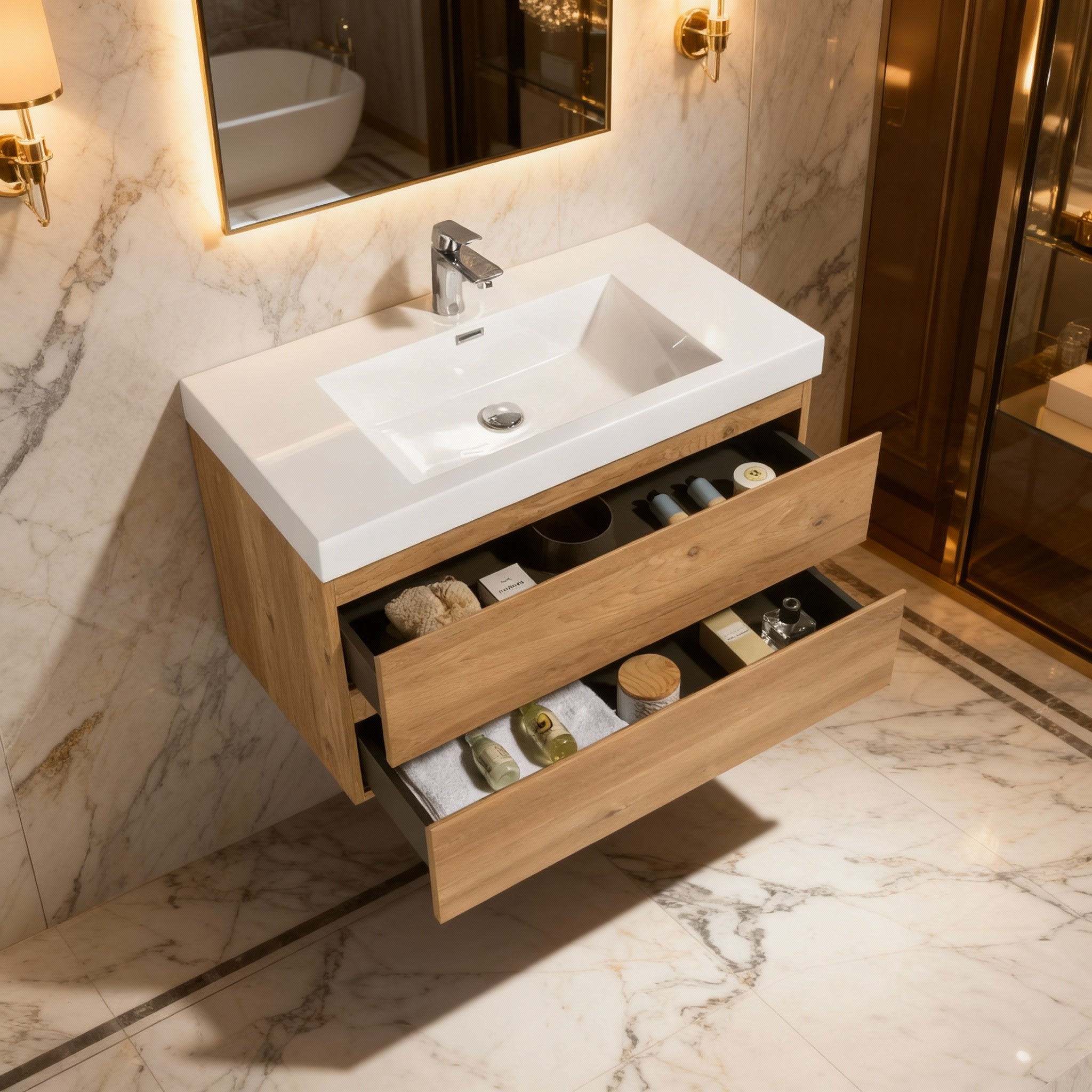 36" Rough Oak Wall Mount Bathroom Vanity with White Polymarble Countertop-Migration_Bathroom Vanities-DECOROLALA