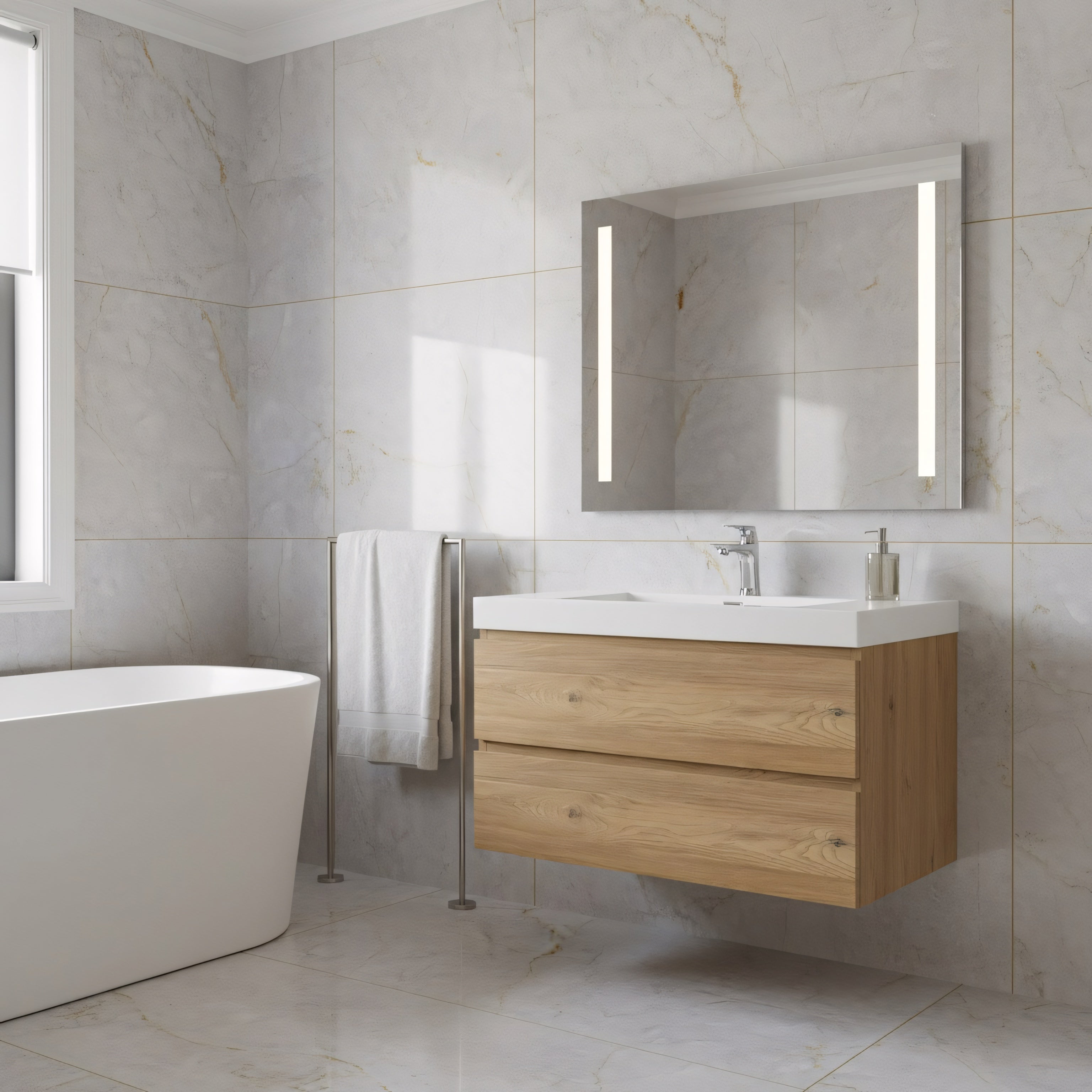 36" Rough Oak Wall Mount Bathroom Vanity with White Polymarble Countertop-Migration_Bathroom Vanities-DECOROLALA