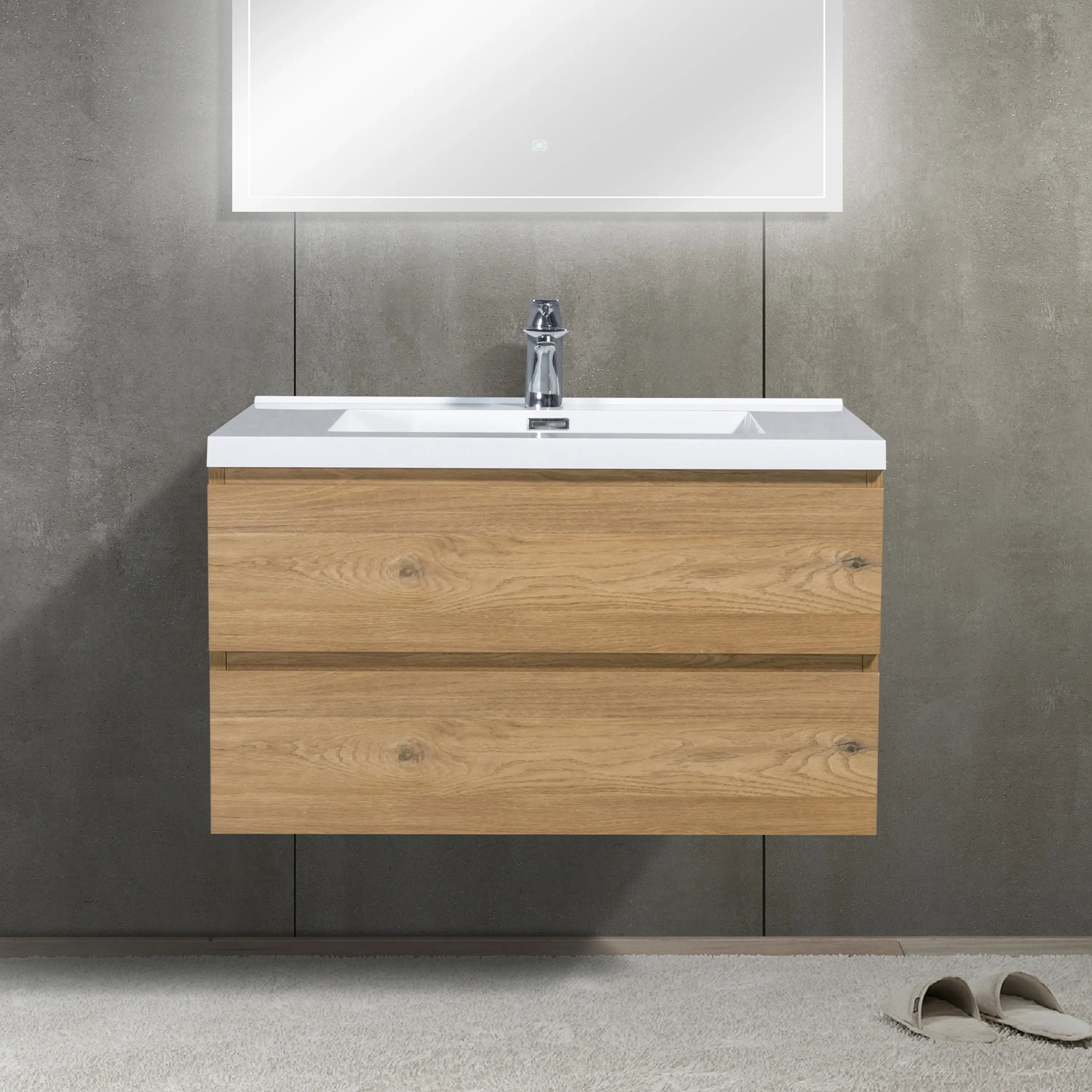 36" Rough Oak Wall Mount Bathroom Vanity with White Polymarble Countertop-Migration_Bathroom Vanities-DECOROLALA