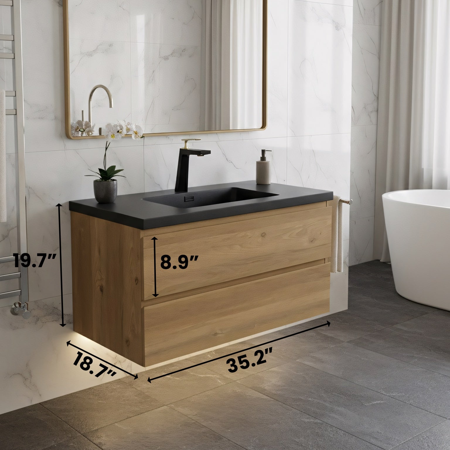 36" Rough Oak Wall Mount Single Sink Bathroom Vanity with Black Engineered Quartz Countertop-Migration_Bathroom Vanities-DECOROLALA