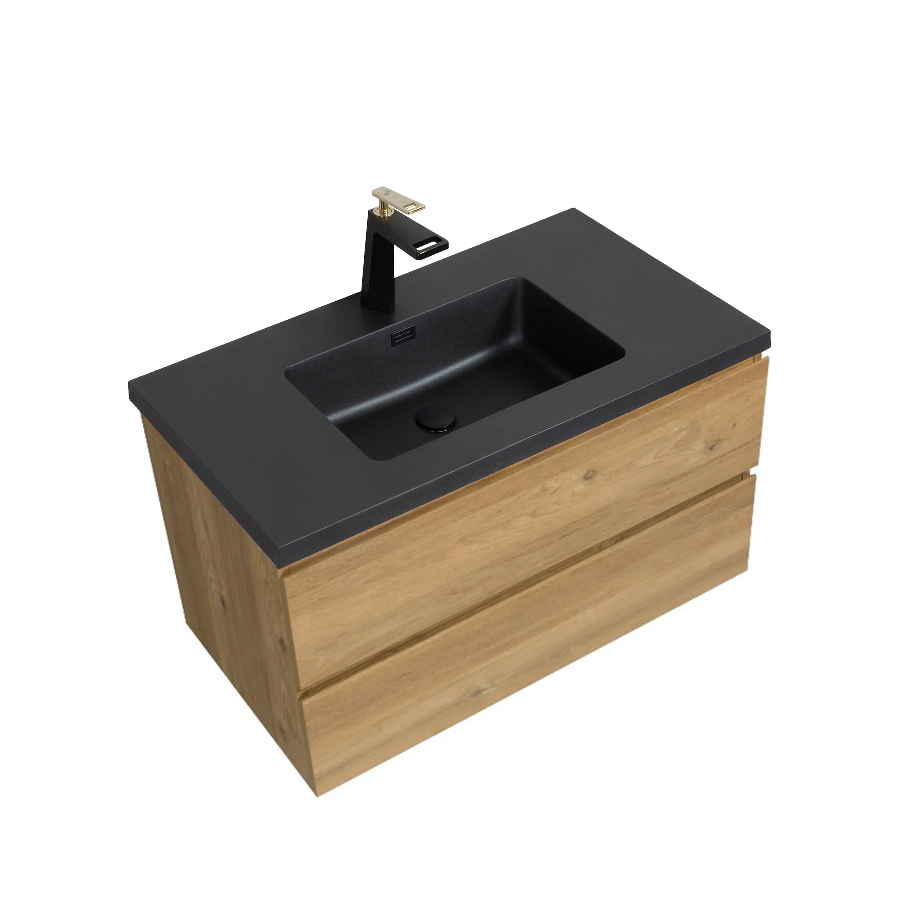 36" Rough Oak Wall Mount Single Sink Bathroom Vanity with Black Engineered Quartz Countertop-Migration_Bathroom Vanities-DECOROLALA