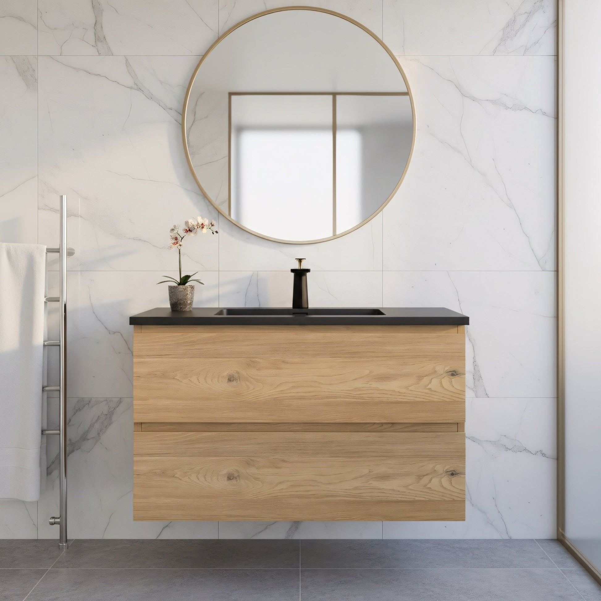 36" Rough Oak Wall Mount Single Sink Bathroom Vanity with Black Engineered Quartz Countertop-Migration_Bathroom Vanities-DECOROLALA