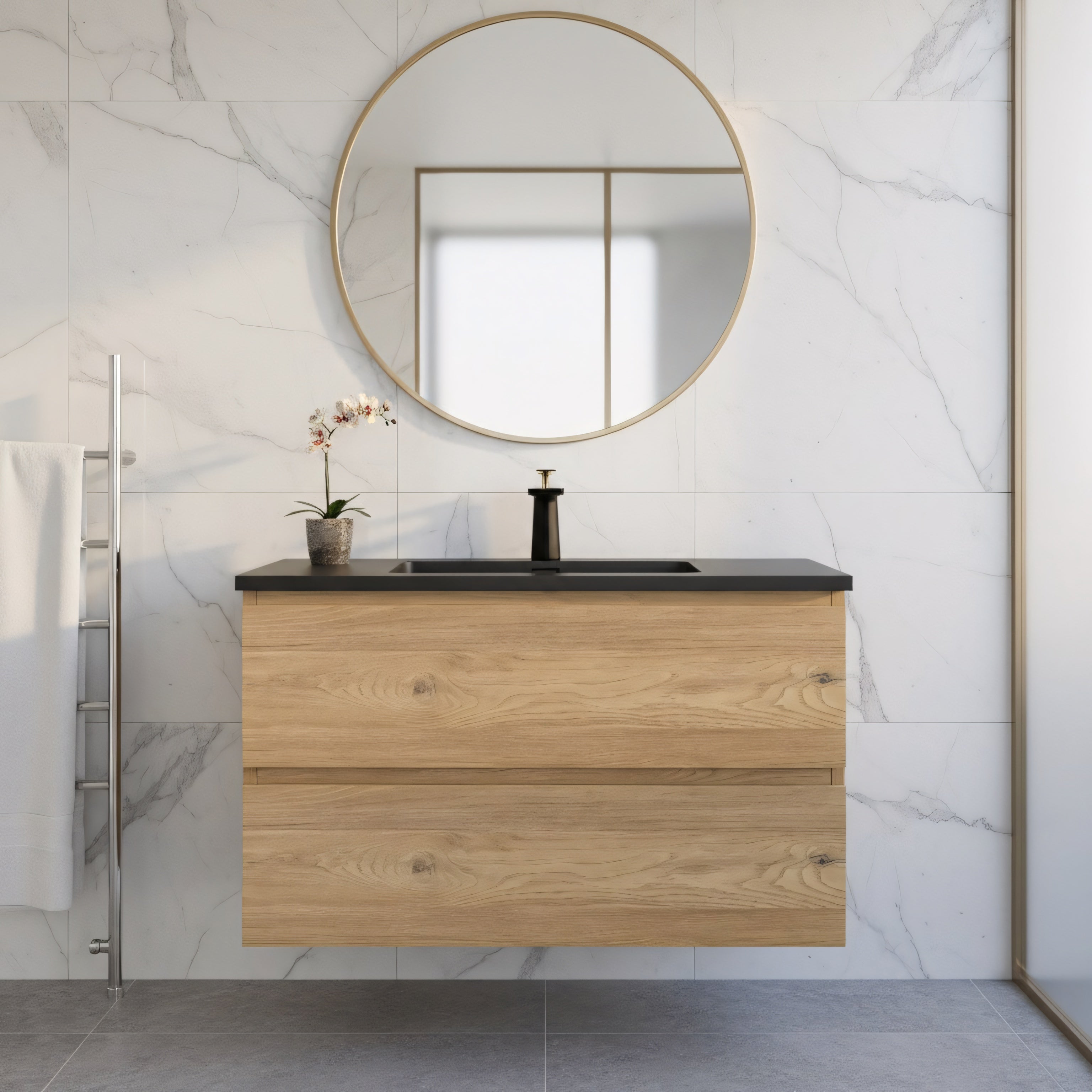 36" Rough Oak Wall Mount Single Sink Bathroom Vanity with Black Engineered Quartz Countertop-Migration_Bathroom Vanities-DECOROLALA