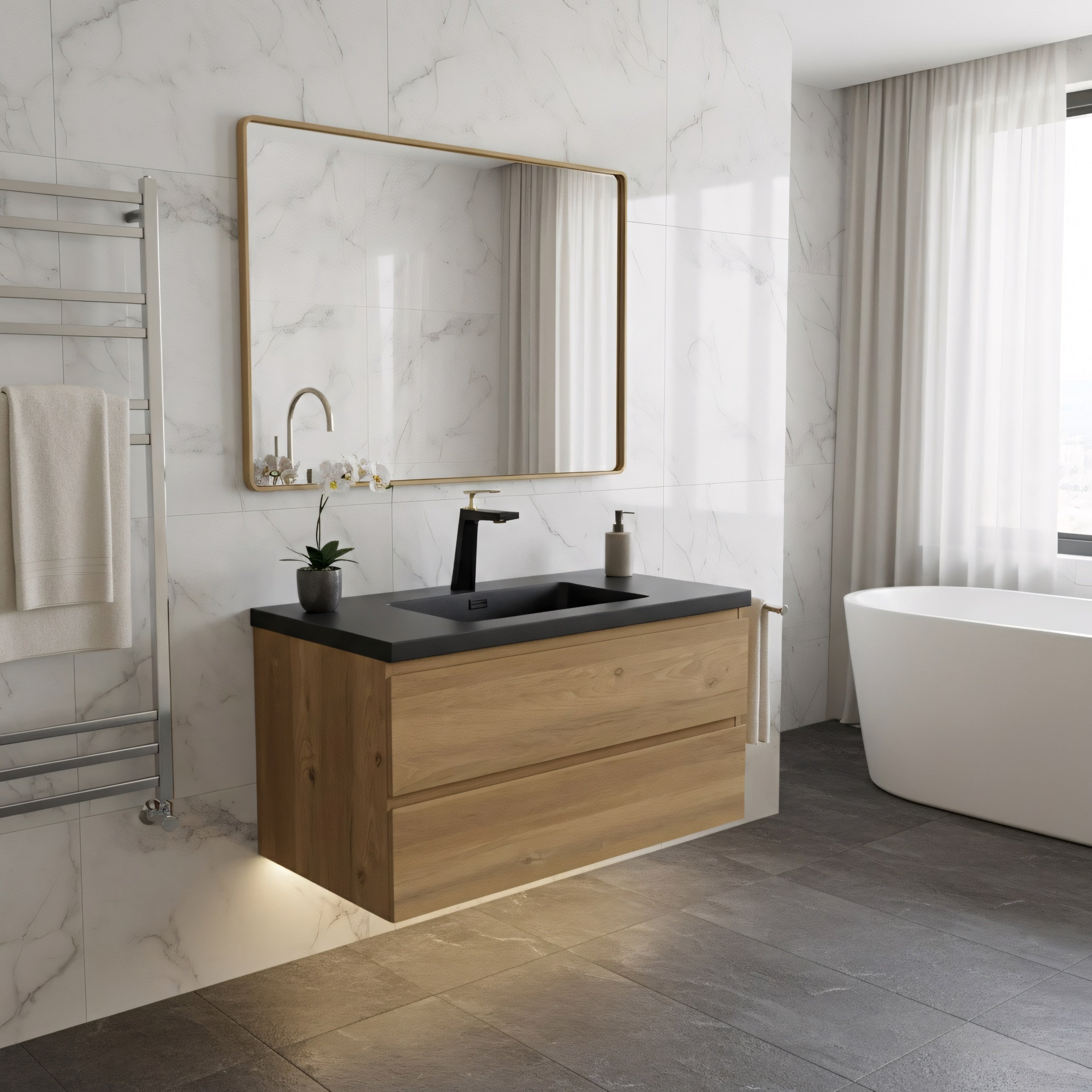 36" Rough Oak Wall Mount Single Sink Bathroom Vanity with Black Engineered Quartz Countertop-Migration_Bathroom Vanities-DECOROLALA