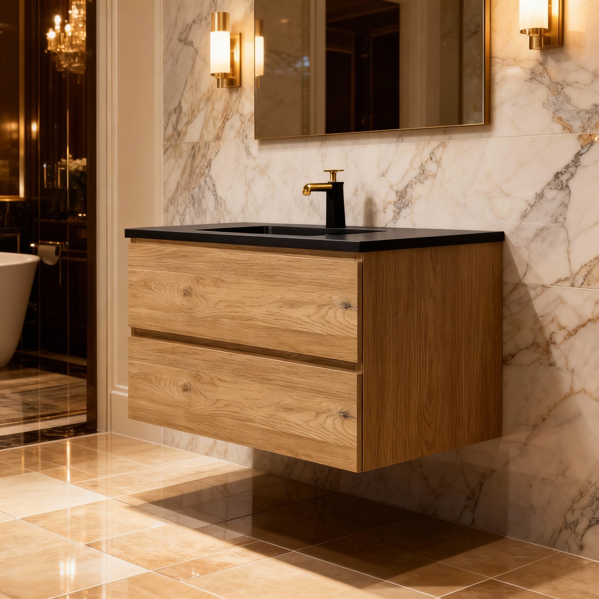 36" Rough Oak Wall Mount Single Sink Bathroom Vanity with Black Engineered Quartz Countertop-Migration_Bathroom Vanities-DECOROLALA