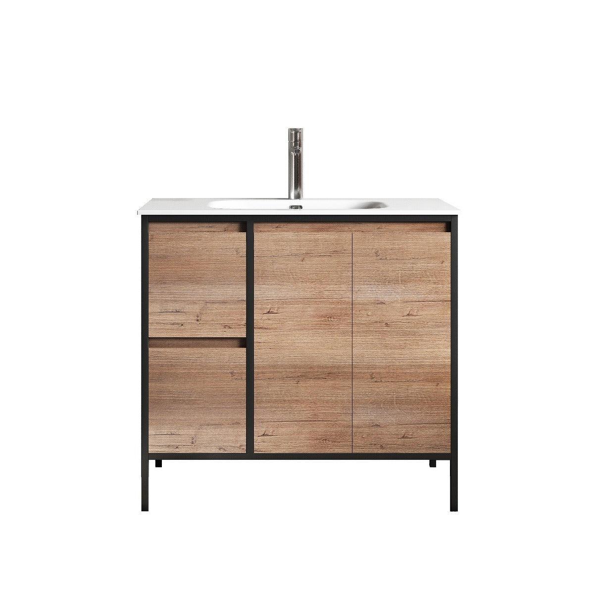 36" Rough Oak and Black Metal Frame Freestanding Bathroom Vanity with White Ceramic Countertop-Migration_Bathroom Vanities-DECOROLALA