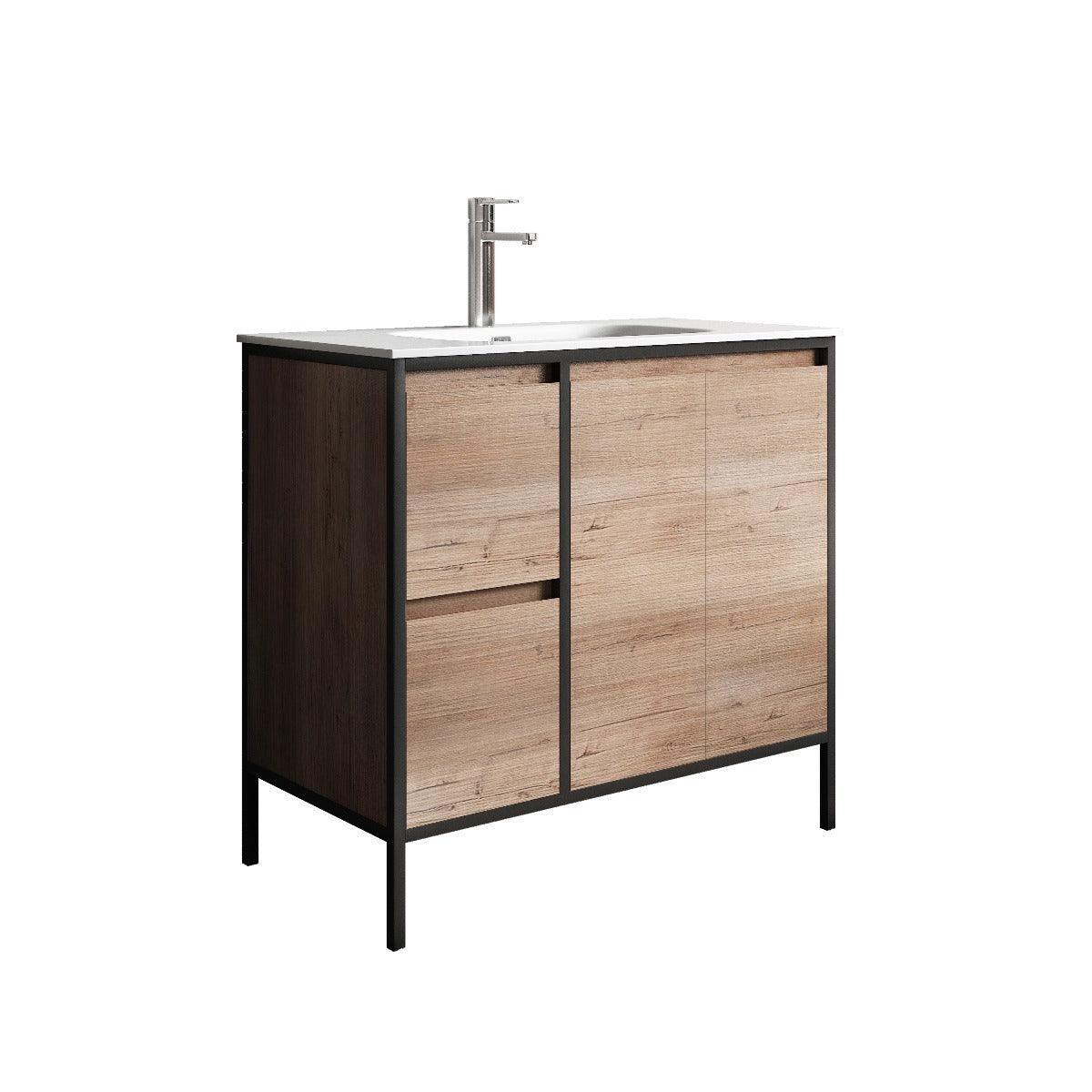 36" Rough Oak and Black Metal Frame Freestanding Bathroom Vanity with White Ceramic Countertop-Migration_Bathroom Vanities-DECOROLALA