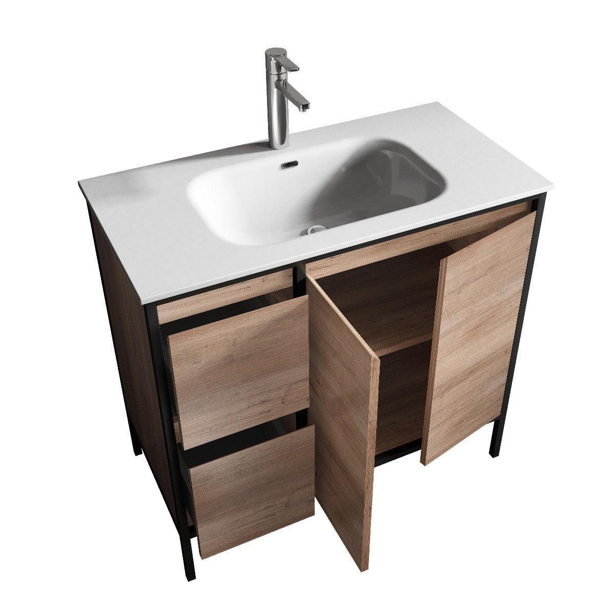 36" Rough Oak and Black Metal Frame Freestanding Bathroom Vanity with White Ceramic Countertop-Migration_Bathroom Vanities-DECOROLALA