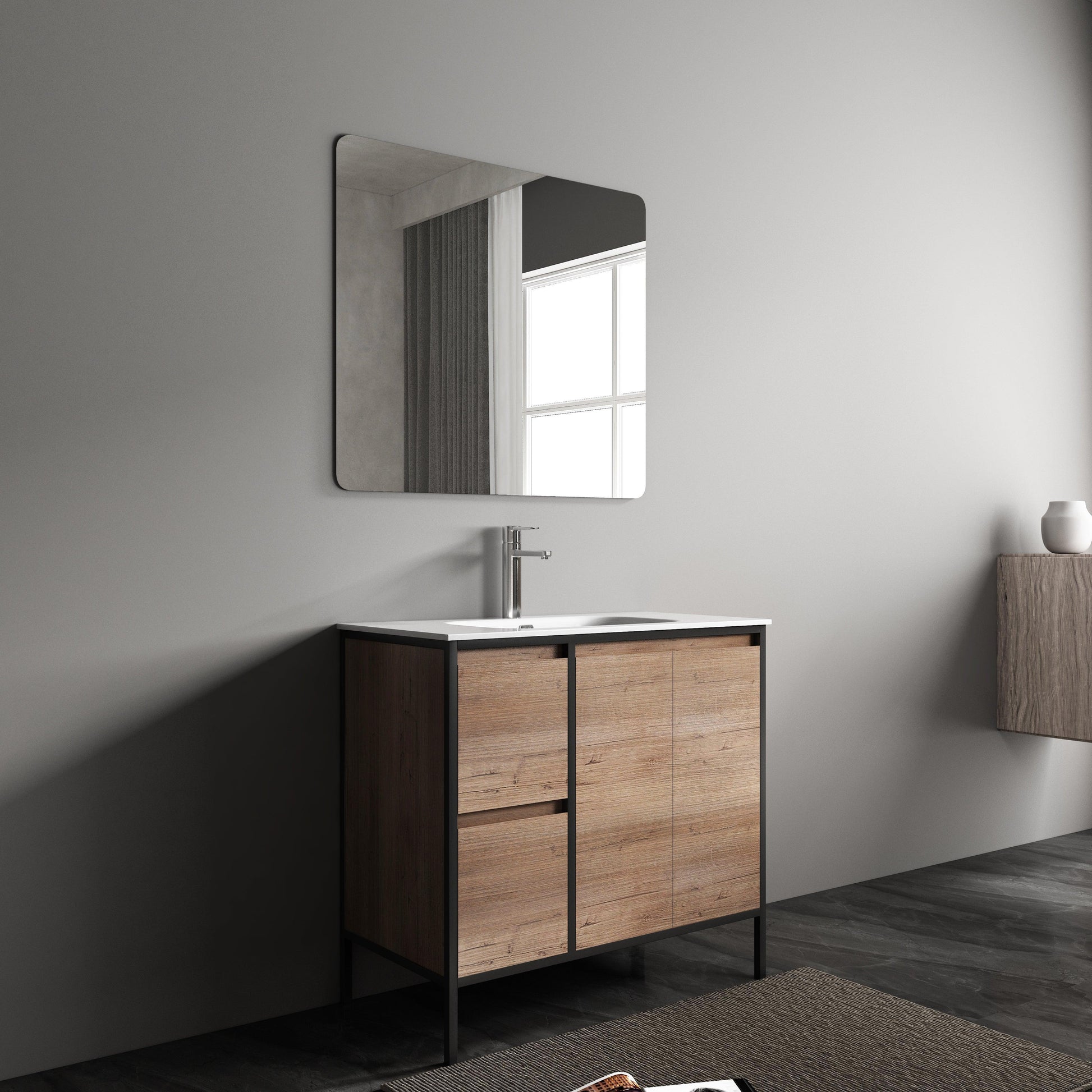 36" Rough Oak and Black Metal Frame Freestanding Bathroom Vanity with White Ceramic Countertop-Migration_Bathroom Vanities-DECOROLALA