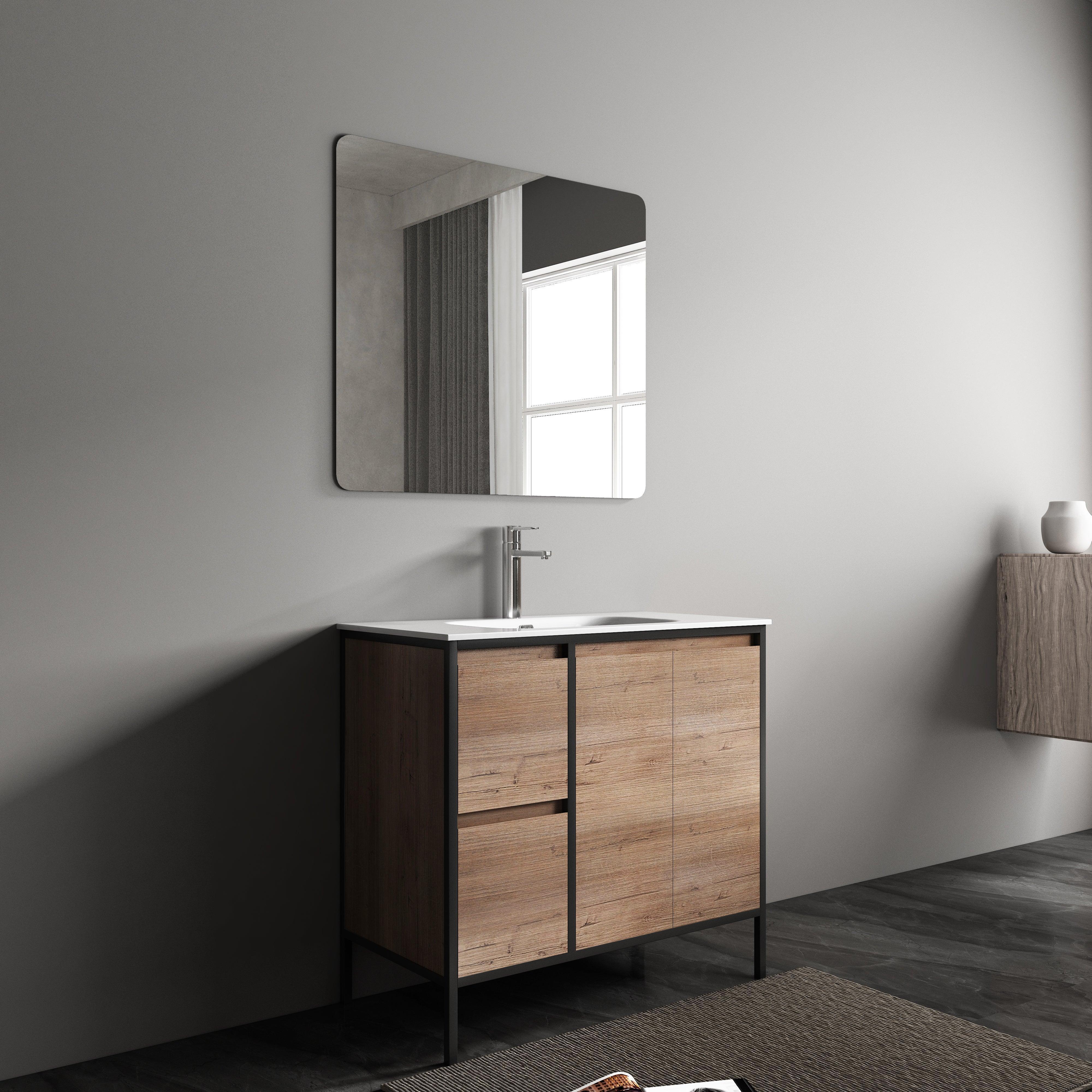 36" Rough Oak and Black Metal Frame Freestanding Bathroom Vanity with White Ceramic Countertop-Migration_Bathroom Vanities-DECOROLALA