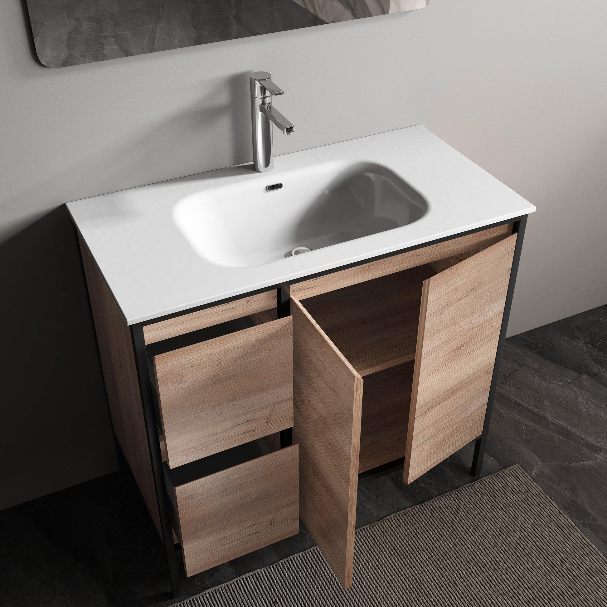 36" Rough Oak and Black Metal Frame Freestanding Bathroom Vanity with White Ceramic Countertop-Migration_Bathroom Vanities-DECOROLALA