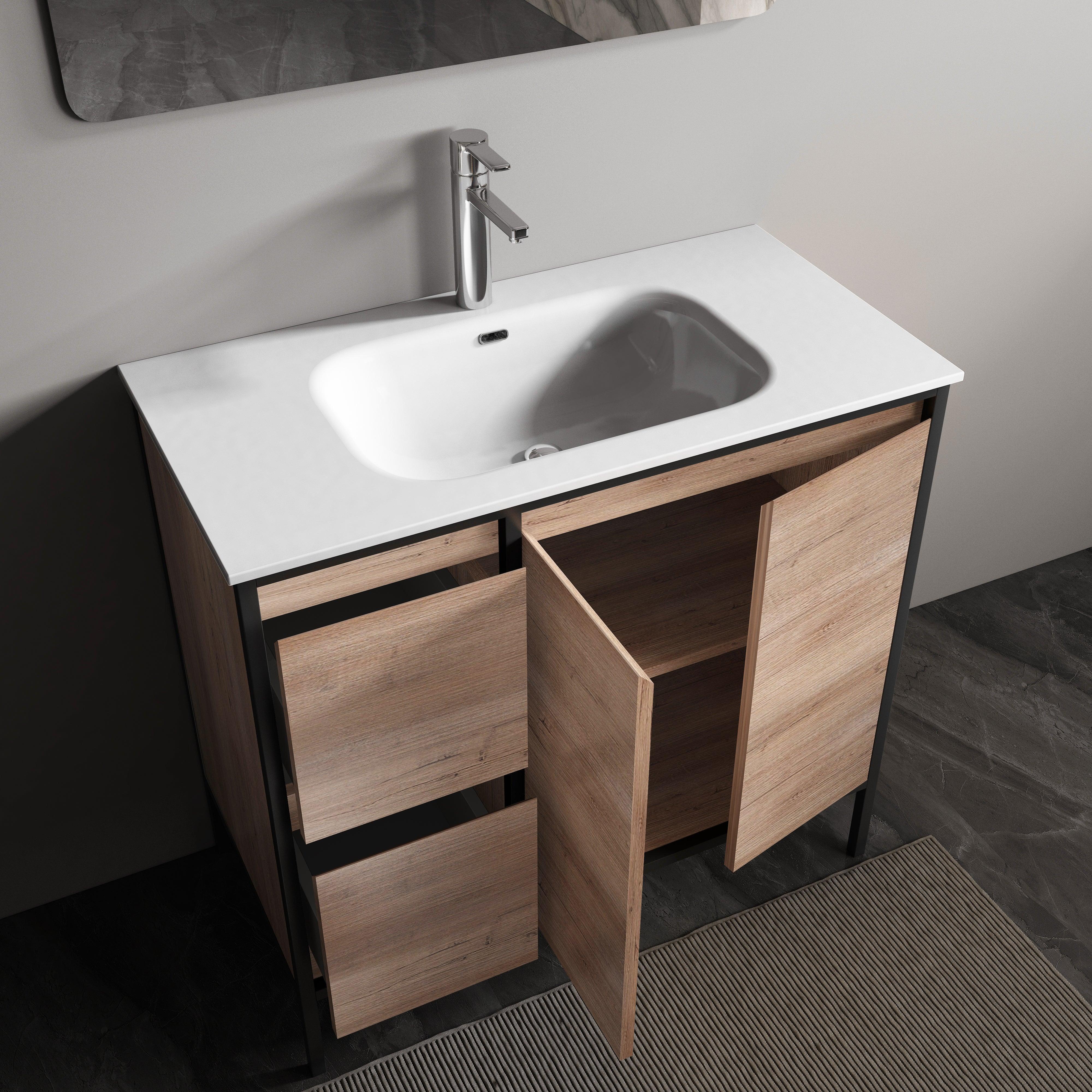 36" Rough Oak and Black Metal Frame Freestanding Bathroom Vanity with White Ceramic Countertop-Migration_Bathroom Vanities-DECOROLALA