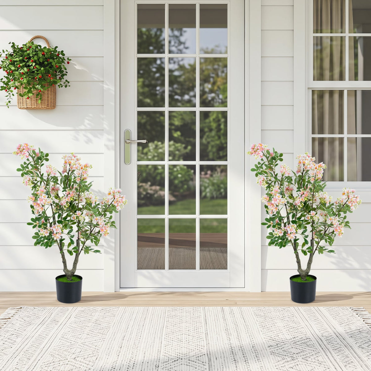 36" Set of 2 Artificial Impatiens Tree with Mini Fruits and Silk Flowers-Pink-Artificial Plants-DECOROLALA