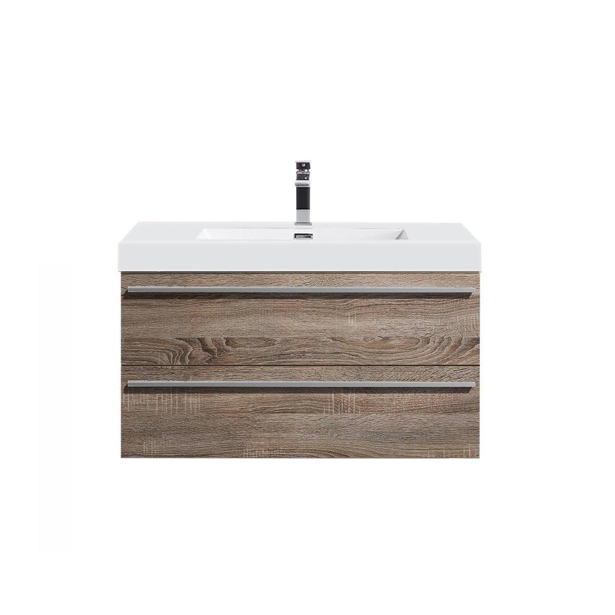 36" Soft Oak Wall Mount Bathroom Vanity with White Polymarble Countertop-Migration_Bathroom Vanities-DECOROLALA