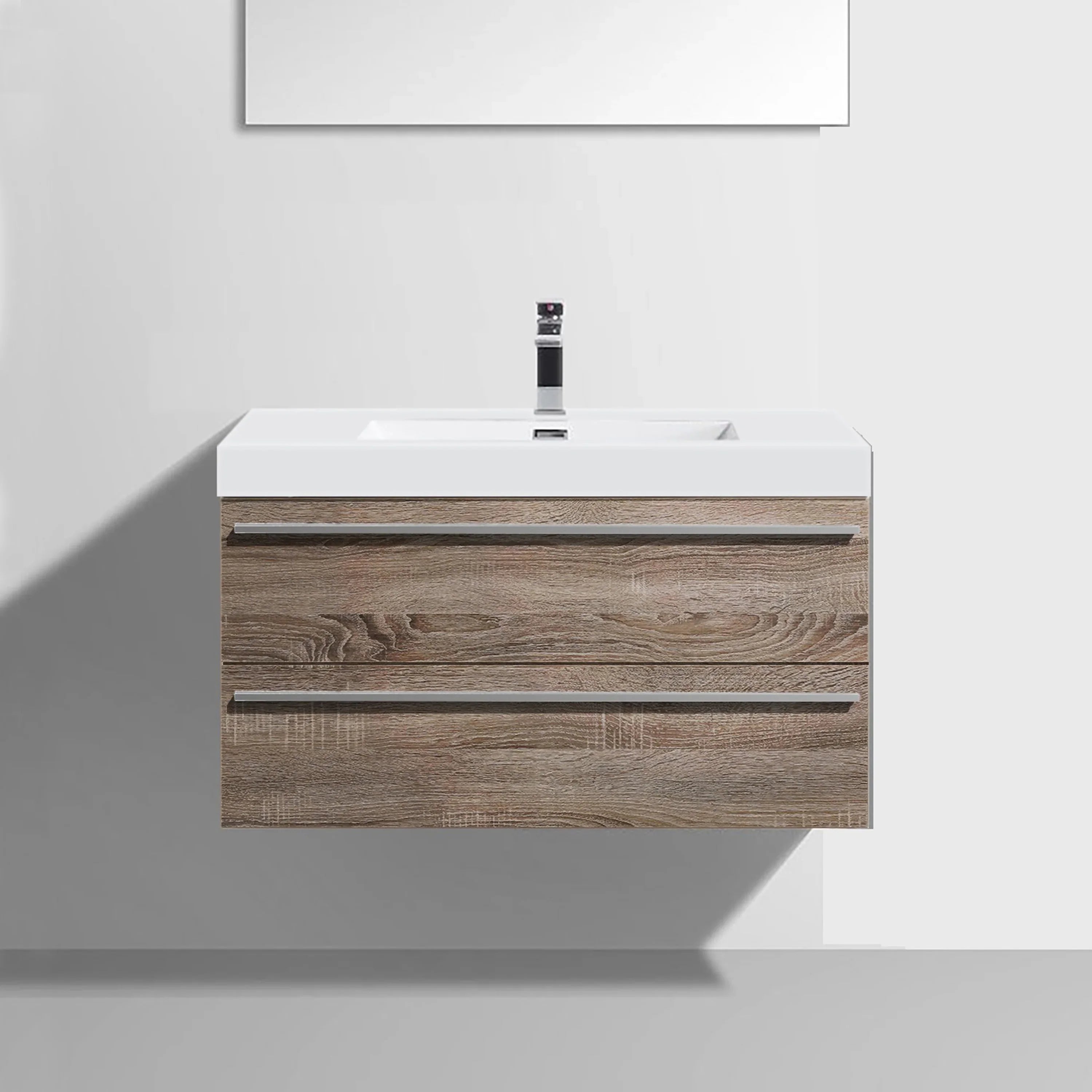 36" Soft Oak Wall Mount Bathroom Vanity with White Polymarble Countertop-Migration_Bathroom Vanities-DECOROLALA