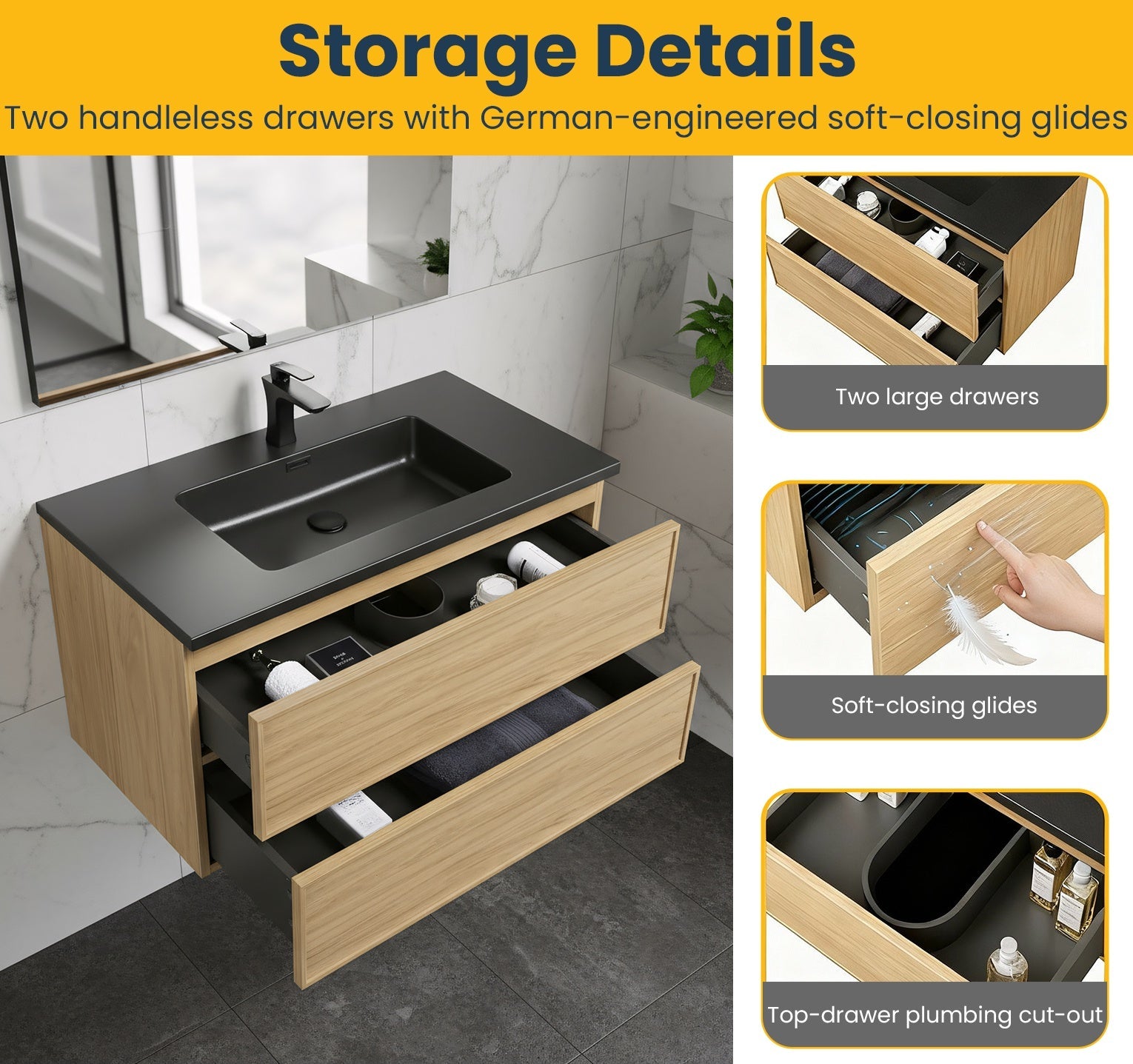 36" Sunset Walnut Wall Mount Bathroom Vanity with Black Engineered Quartz Countertop-Migration_Bathroom Vanities-DECOROLALA