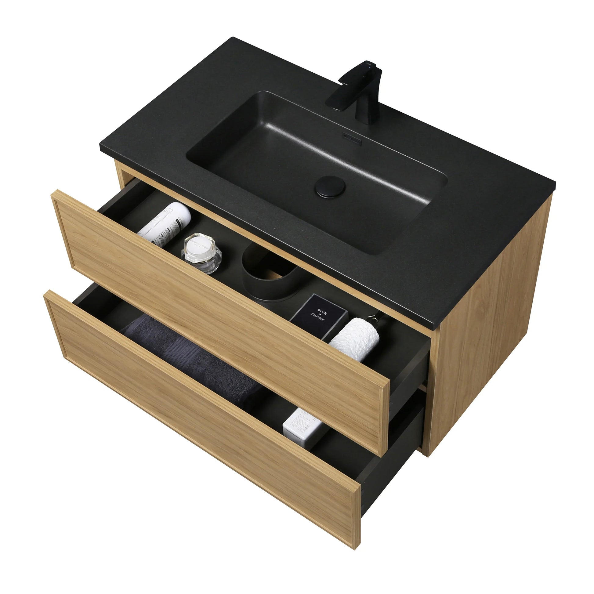 36" Sunset Walnut Wall Mount Bathroom Vanity with Black Engineered Quartz Countertop-Migration_Bathroom Vanities-DECOROLALA