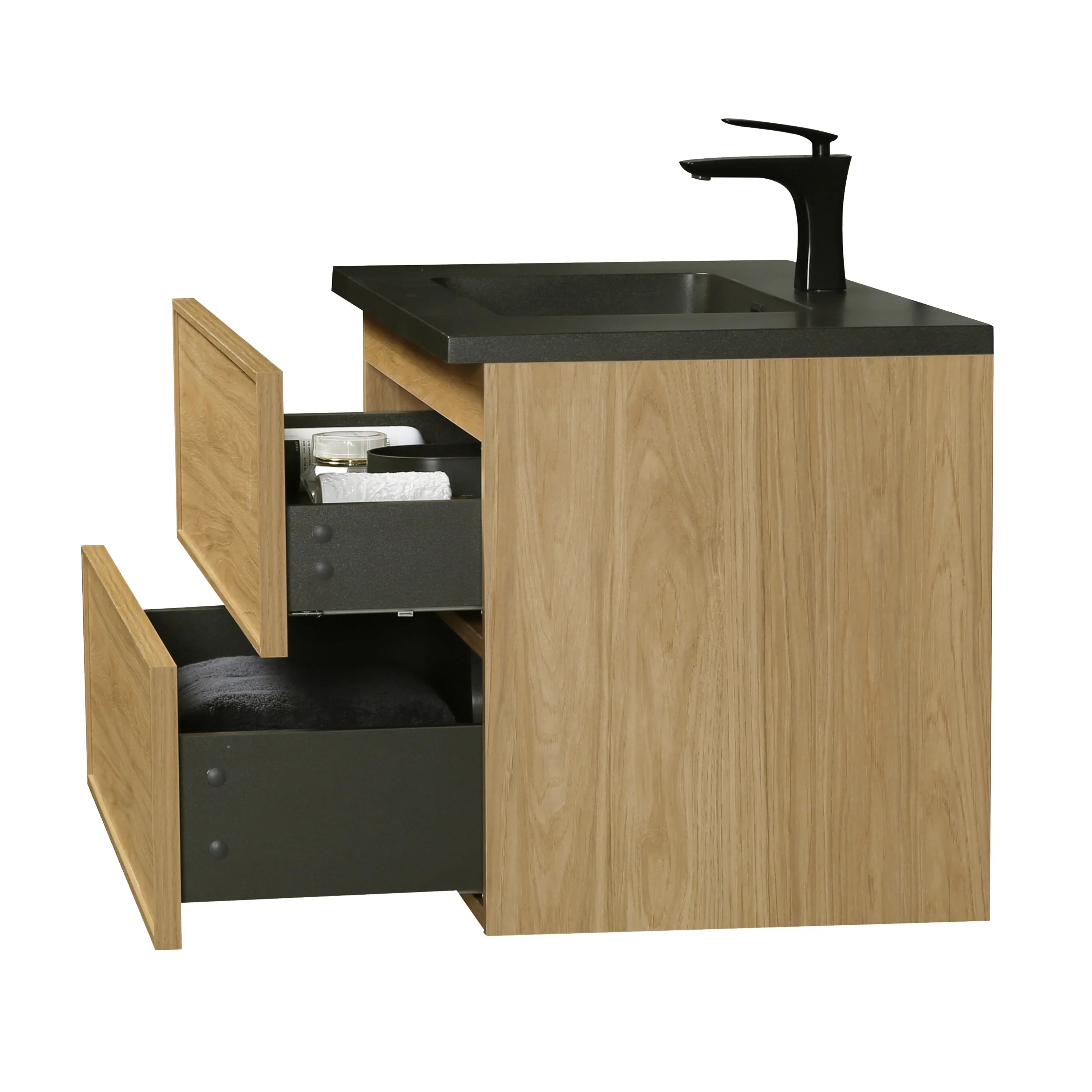 36" Sunset Walnut Wall Mount Bathroom Vanity with Black Engineered Quartz Countertop-Migration_Bathroom Vanities-DECOROLALA