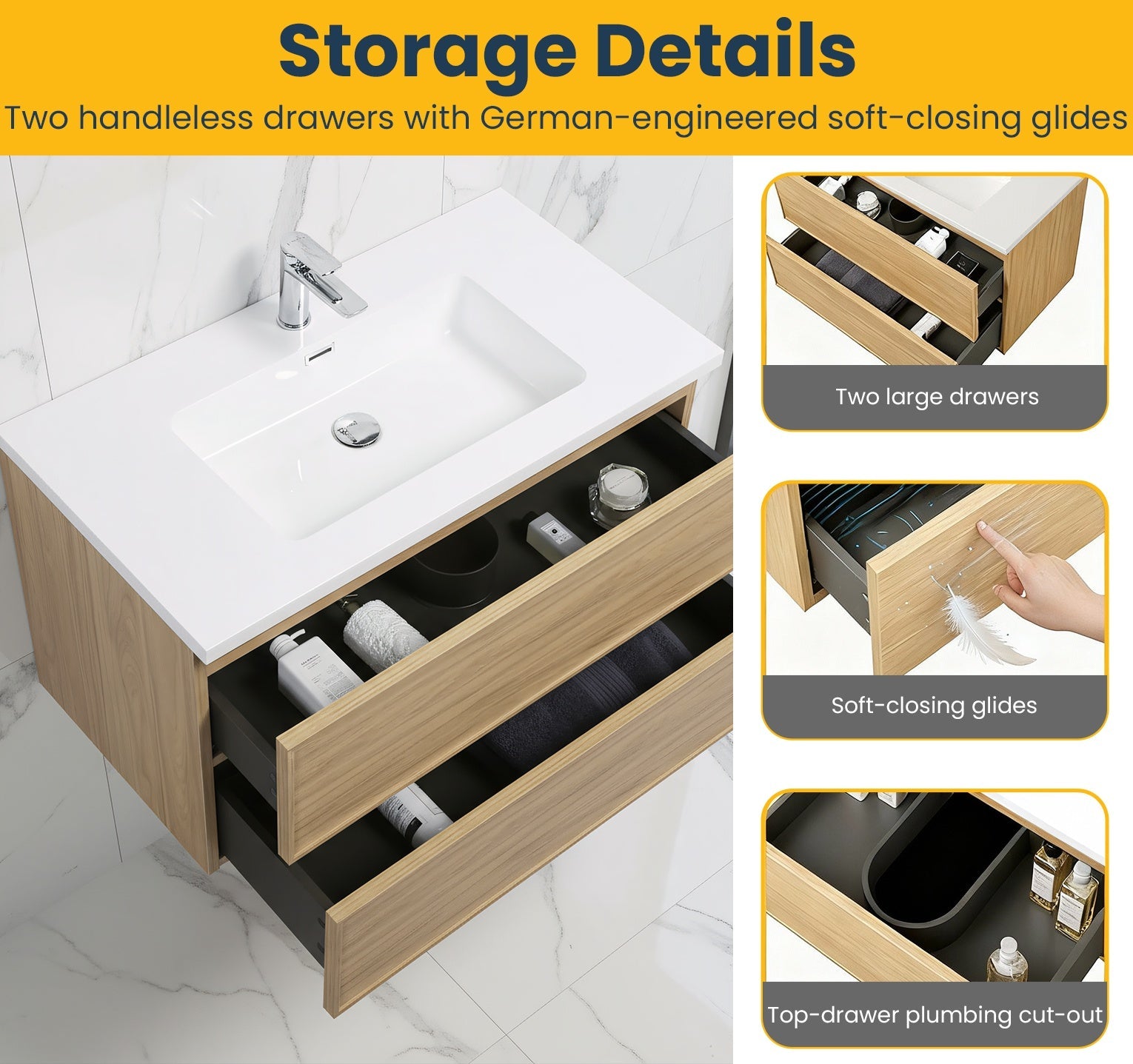 36" Sunset Walnut Wall Mount Bathroom Vanity with White Polymarble Countertop-Migration_Bathroom Vanities-DECOROLALA