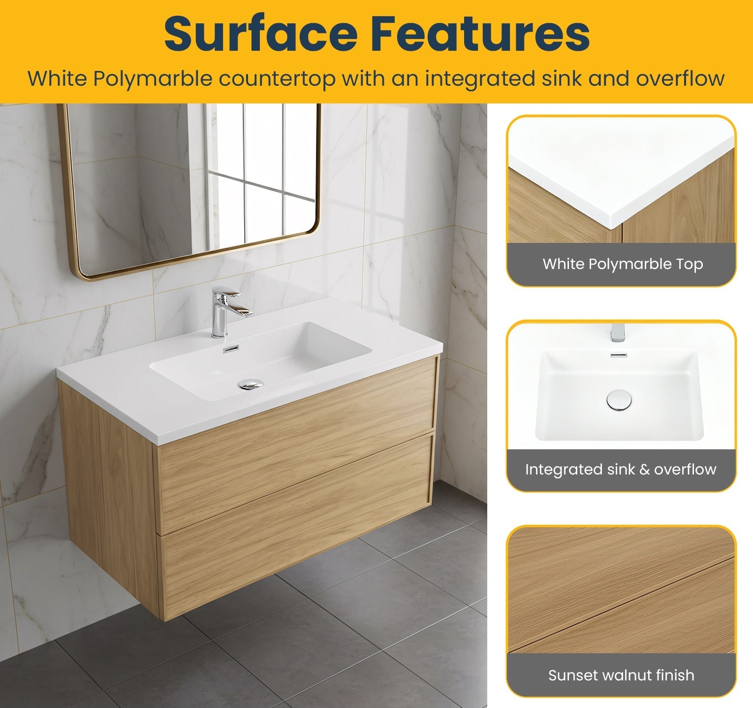 36" Sunset Walnut Wall Mount Bathroom Vanity with White Polymarble Countertop-Migration_Bathroom Vanities-DECOROLALA