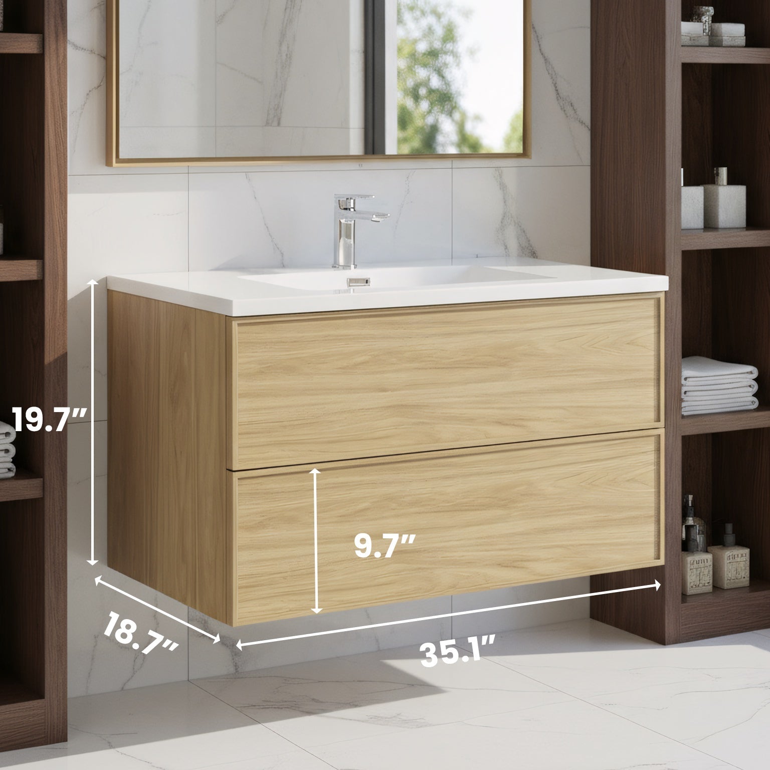 36" Sunset Walnut Wall Mount Bathroom Vanity with White Polymarble Countertop-Migration_Bathroom Vanities-DECOROLALA