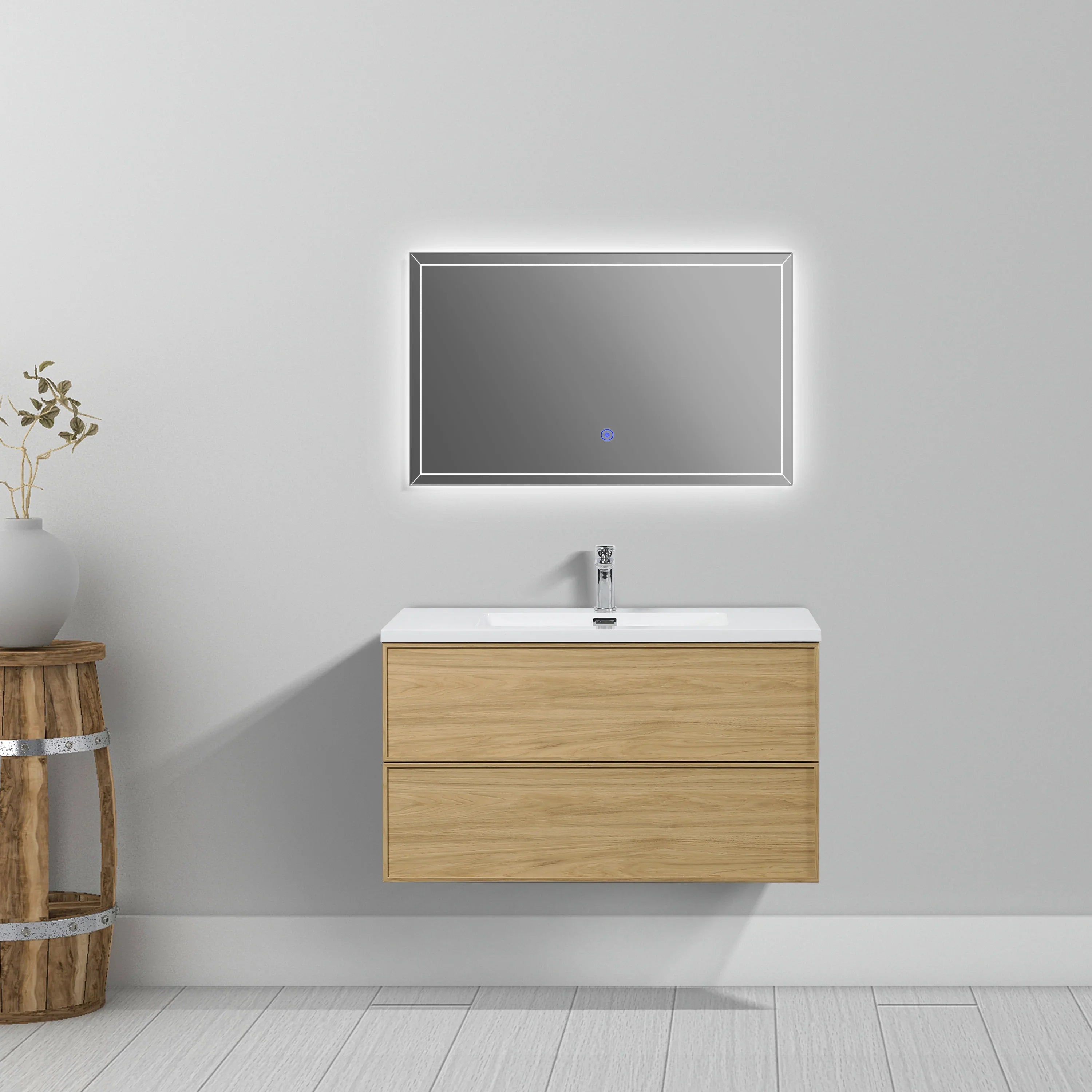 36" Sunset Walnut Wall Mount Bathroom Vanity with White Polymarble Countertop-Migration_Bathroom Vanities-DECOROLALA