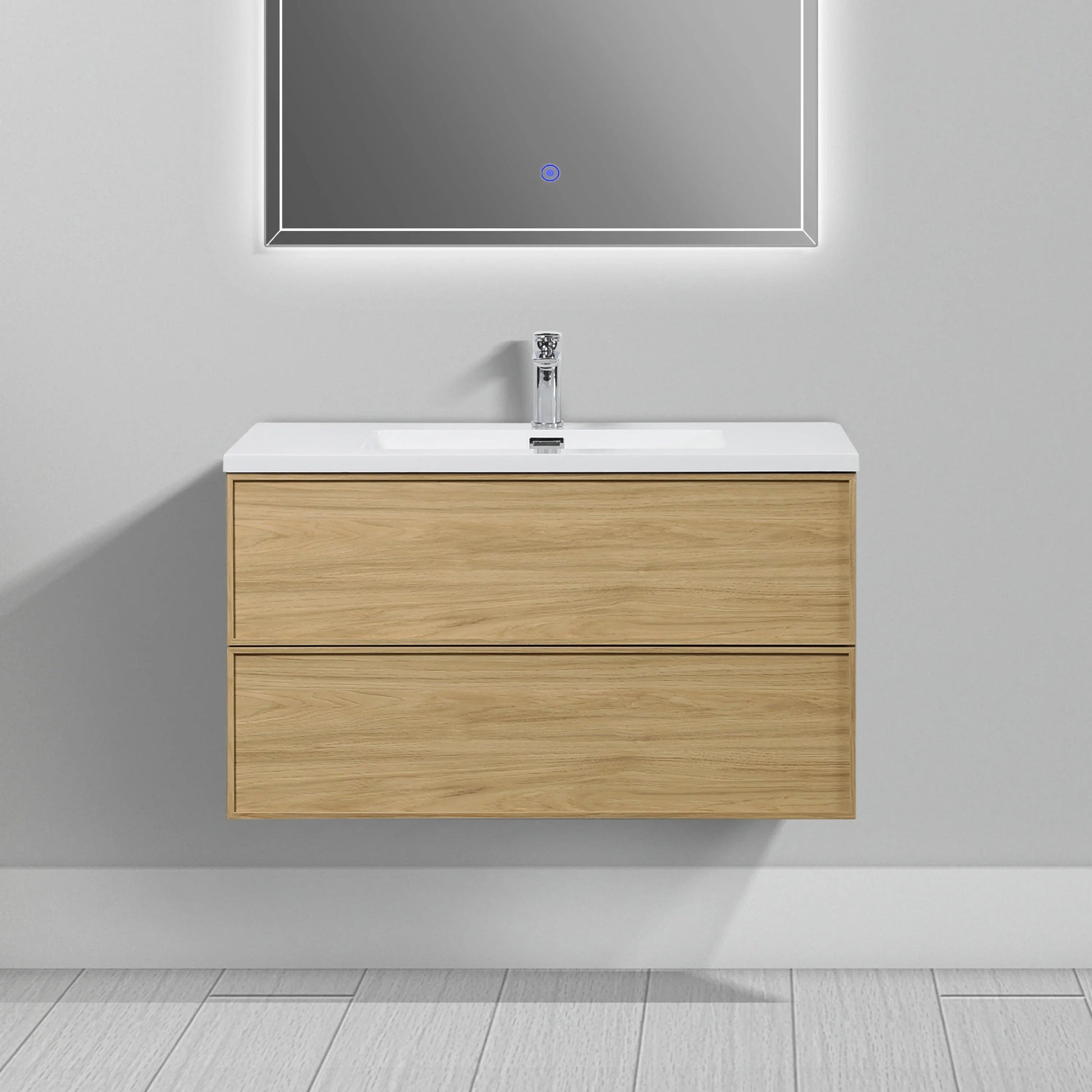 36" Sunset Walnut Wall Mount Bathroom Vanity with White Polymarble Countertop-Migration_Bathroom Vanities-DECOROLALA