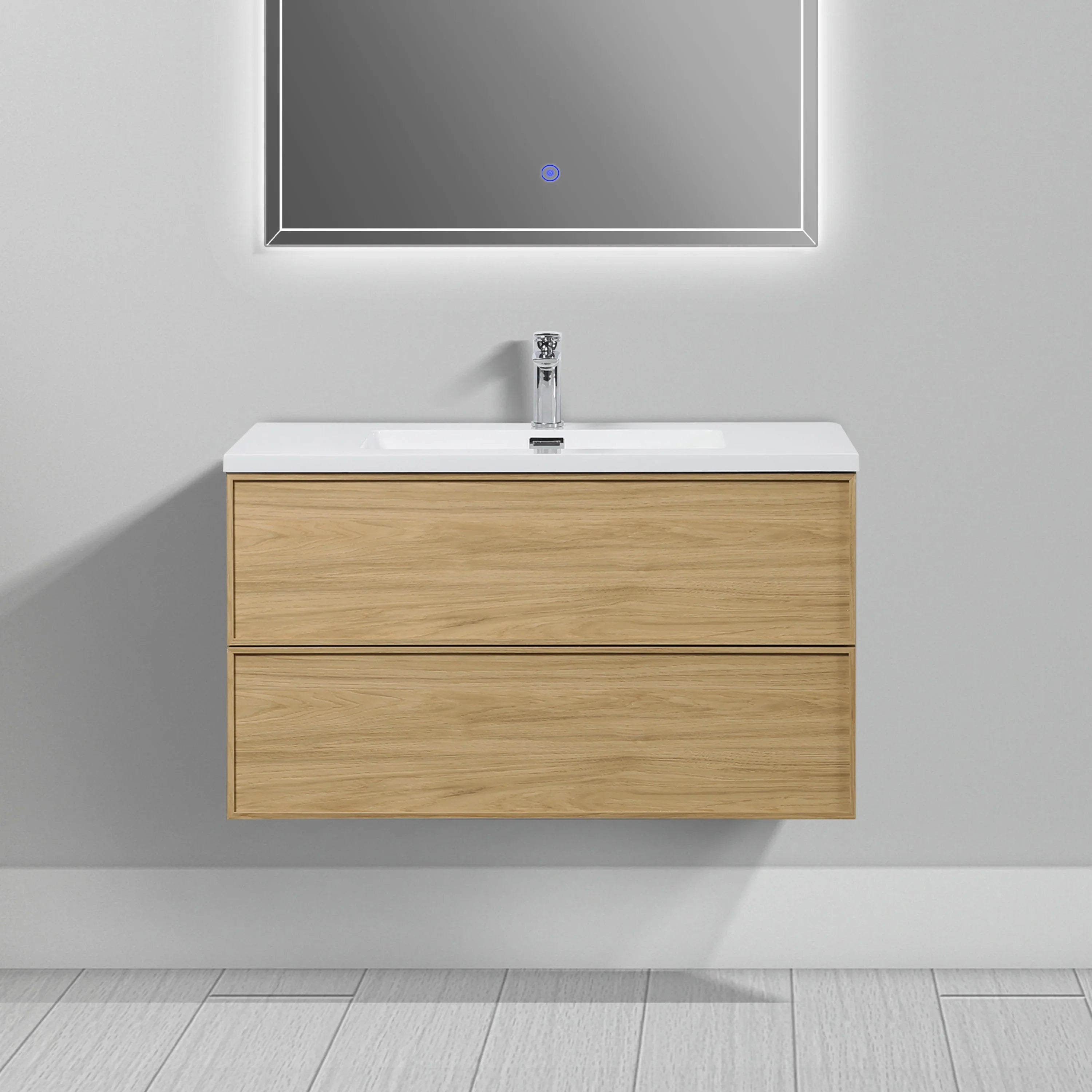 36" Sunset Walnut Wall Mount Bathroom Vanity with White Polymarble Countertop-Migration_Bathroom Vanities-DECOROLALA