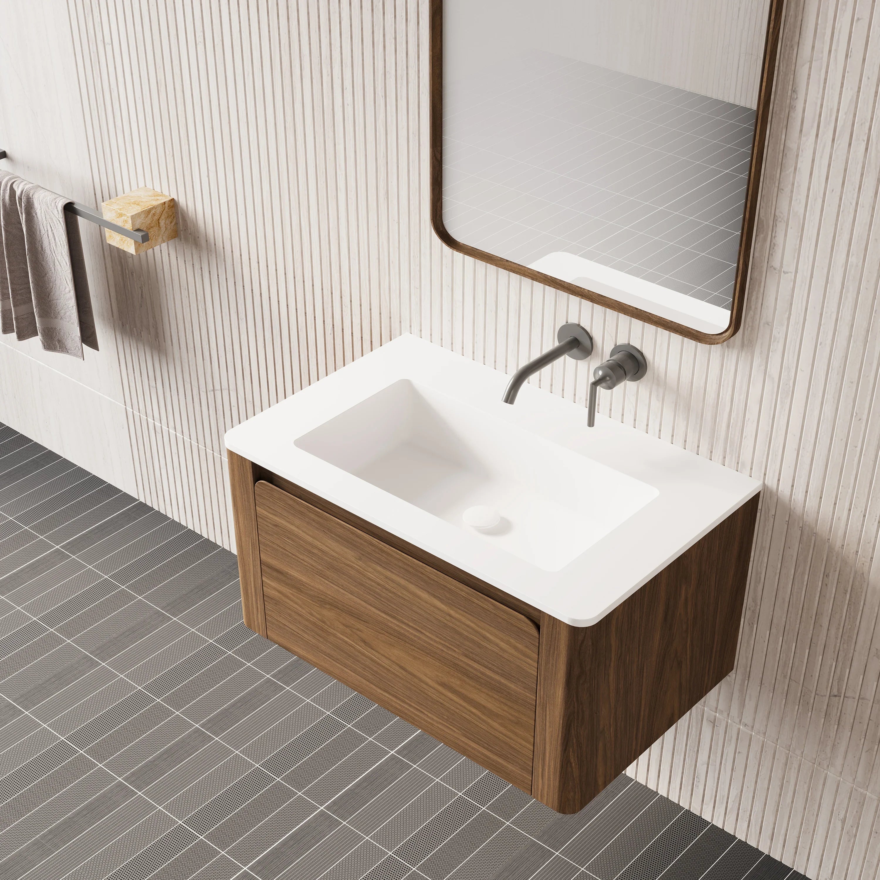36" Walnut Wall Mount Bathroom Vanity with Matte White Solid Surface Countertop