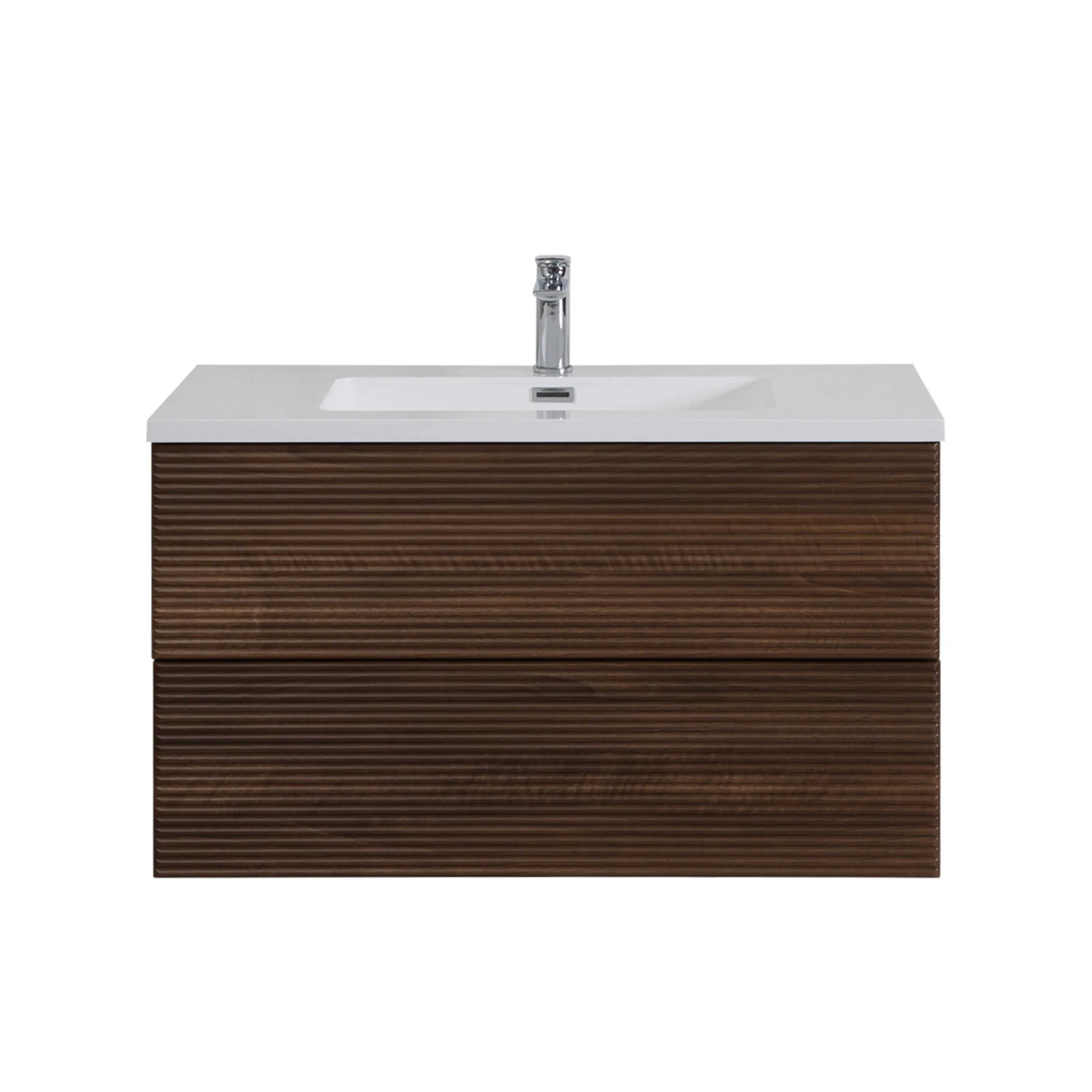36" Walnut Wall Mount Bathroom Vanity with White Polymarble Countertop