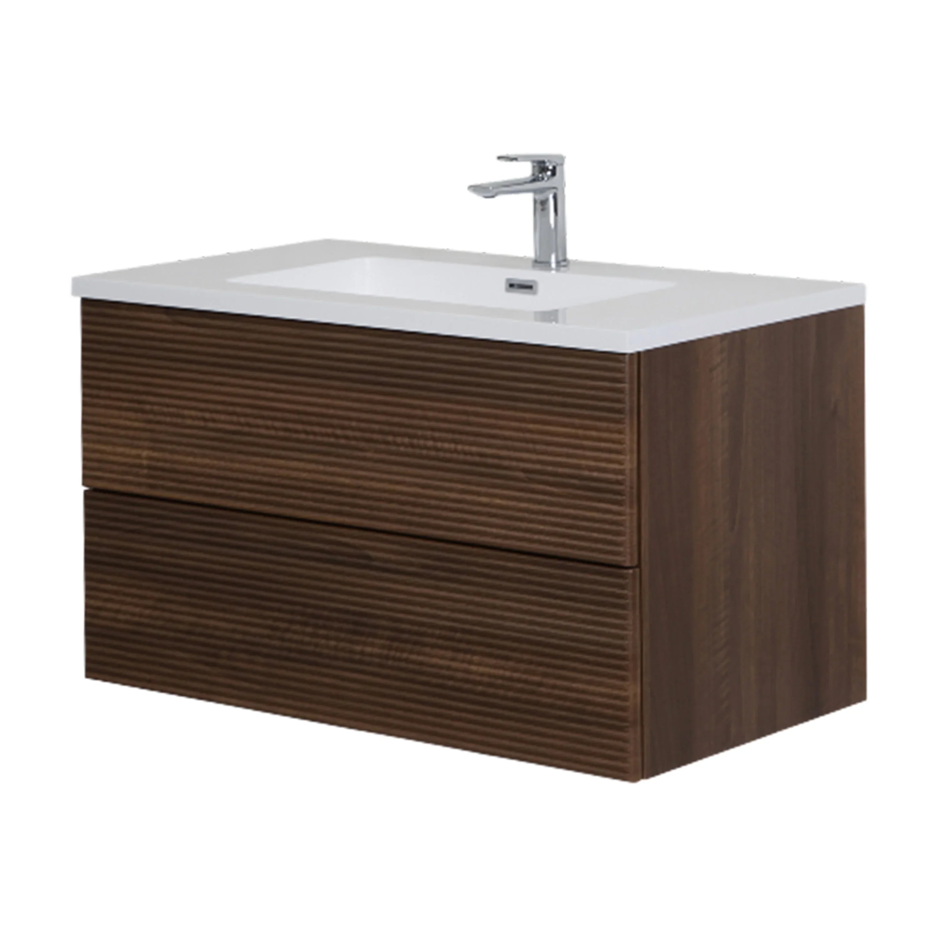 36" Walnut Wall Mount Bathroom Vanity with White Polymarble Countertop