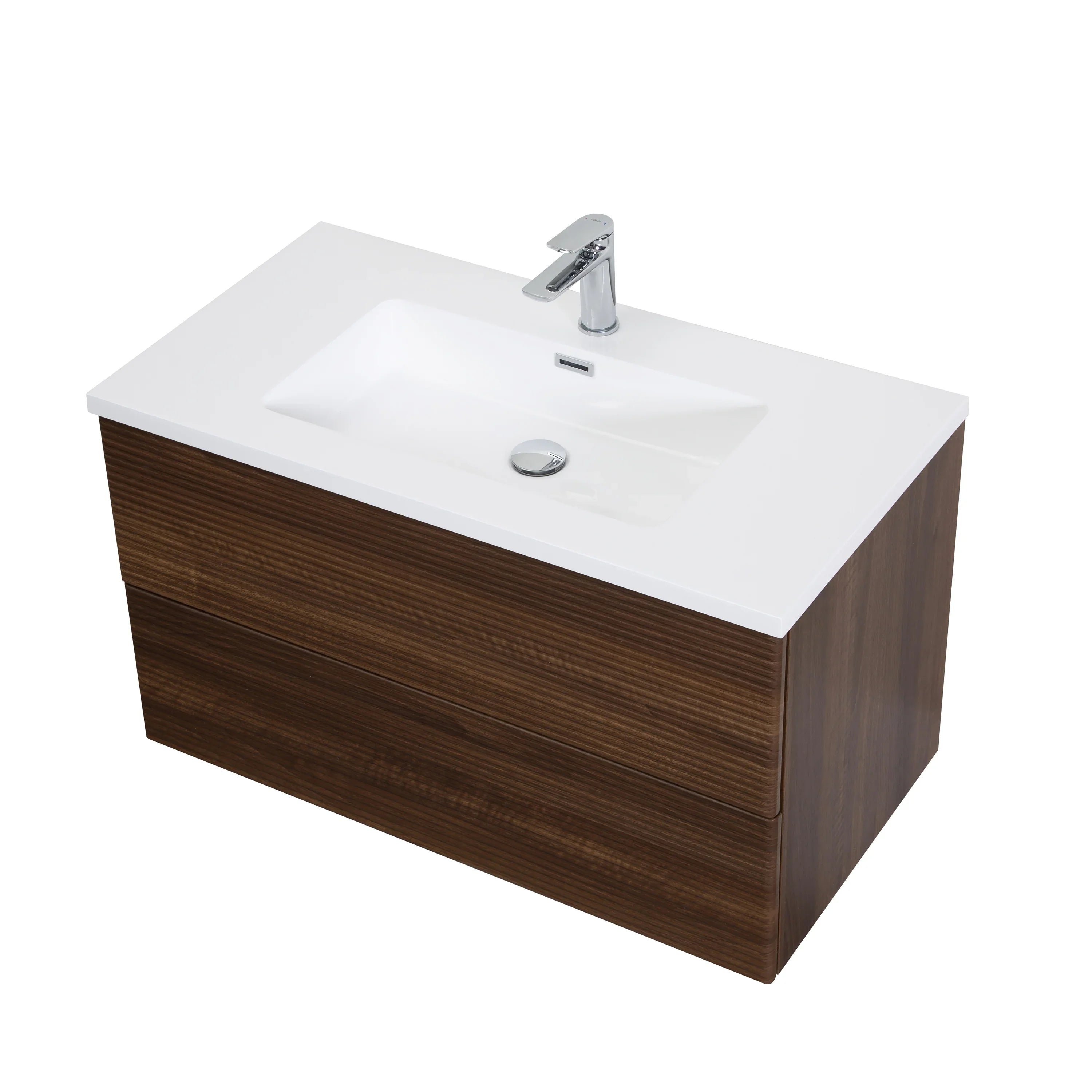 36" Walnut Wall Mount Bathroom Vanity with White Polymarble Countertop