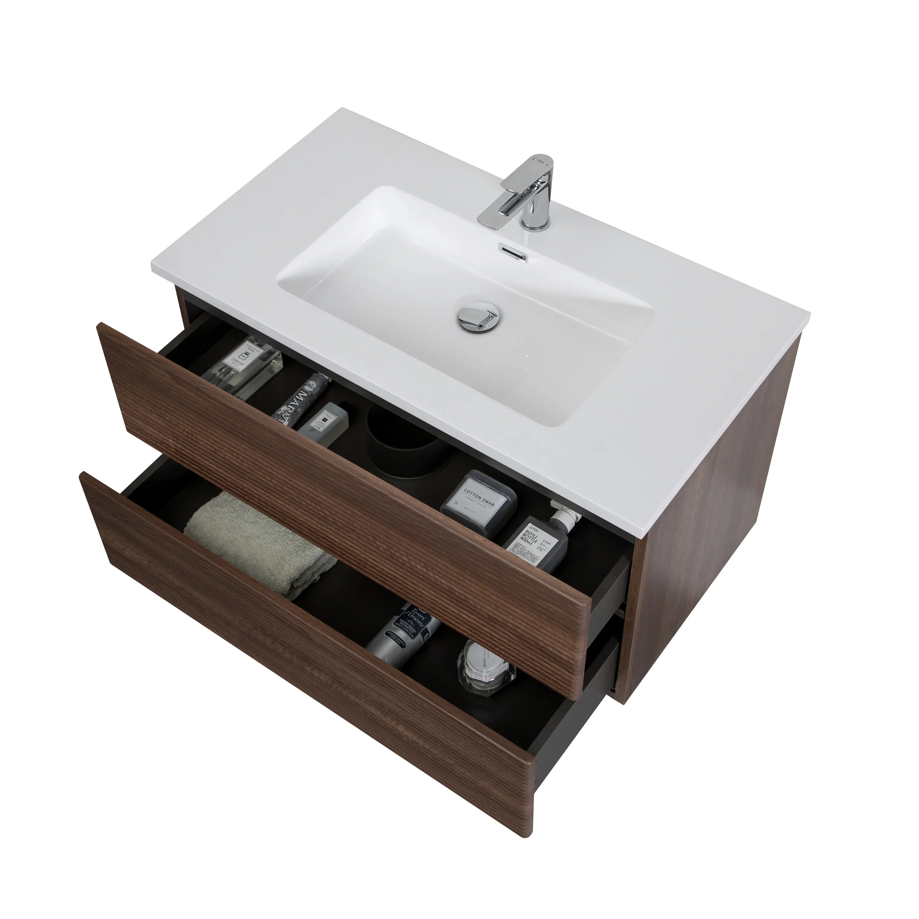 36" Walnut Wall Mount Bathroom Vanity with White Polymarble Countertop