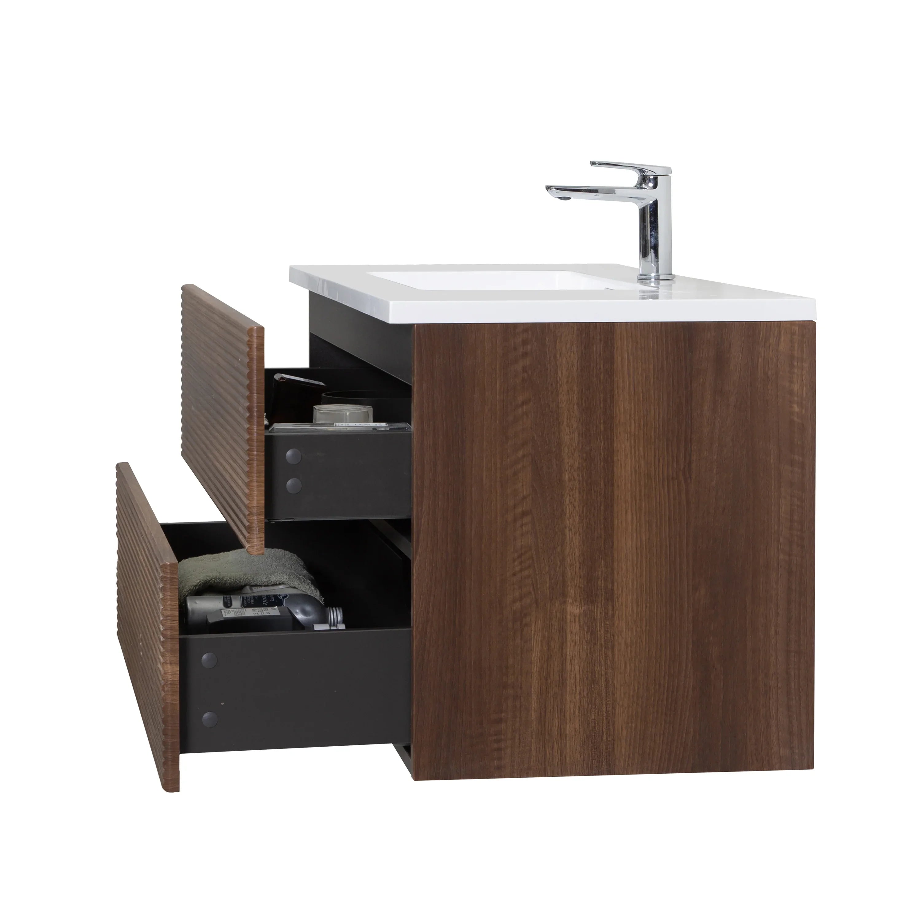 36" Walnut Wall Mount Bathroom Vanity with White Polymarble Countertop