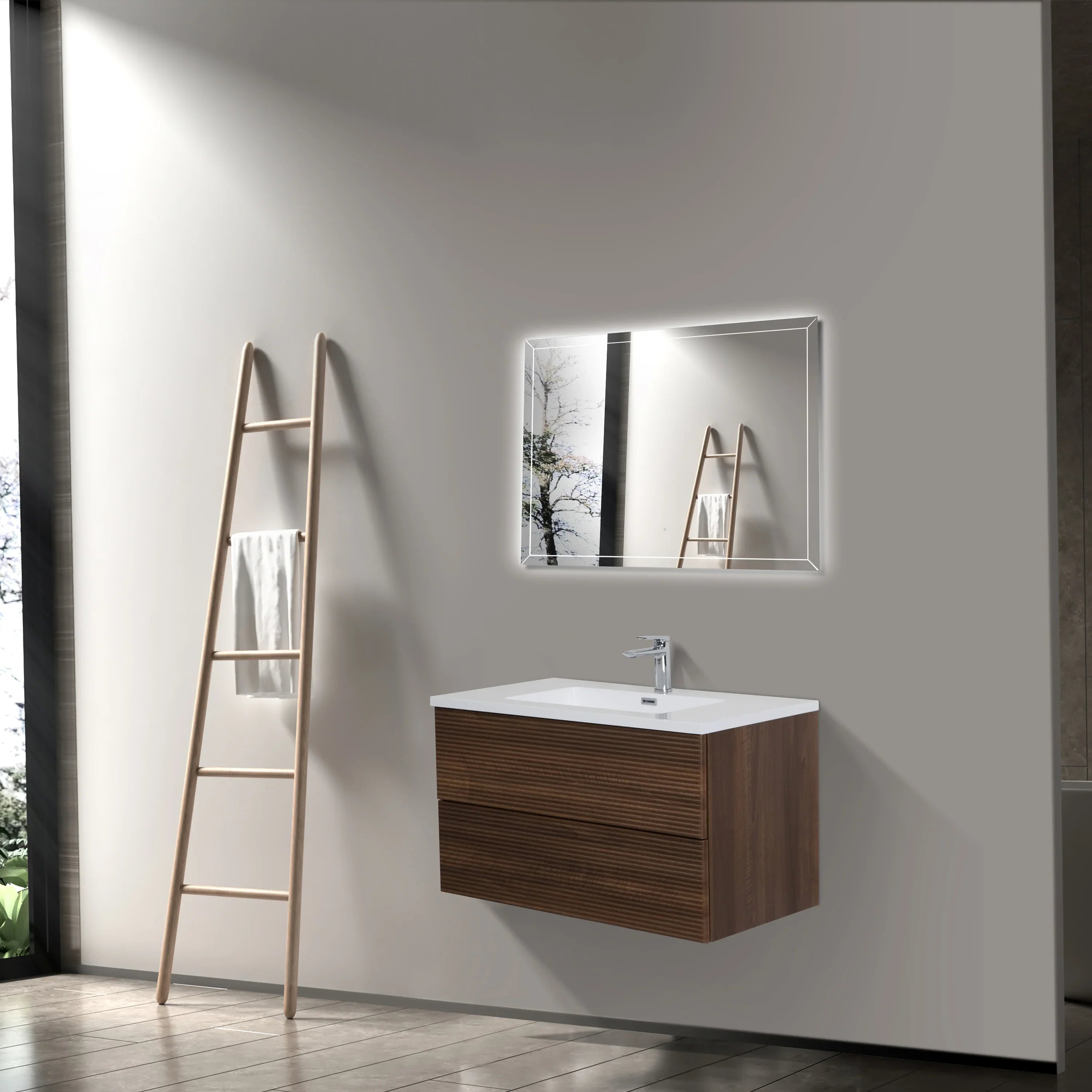 36" Walnut Wall Mount Bathroom Vanity with White Polymarble Countertop