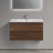 36" Walnut Wall Mount Bathroom Vanity with White Polymarble Countertop