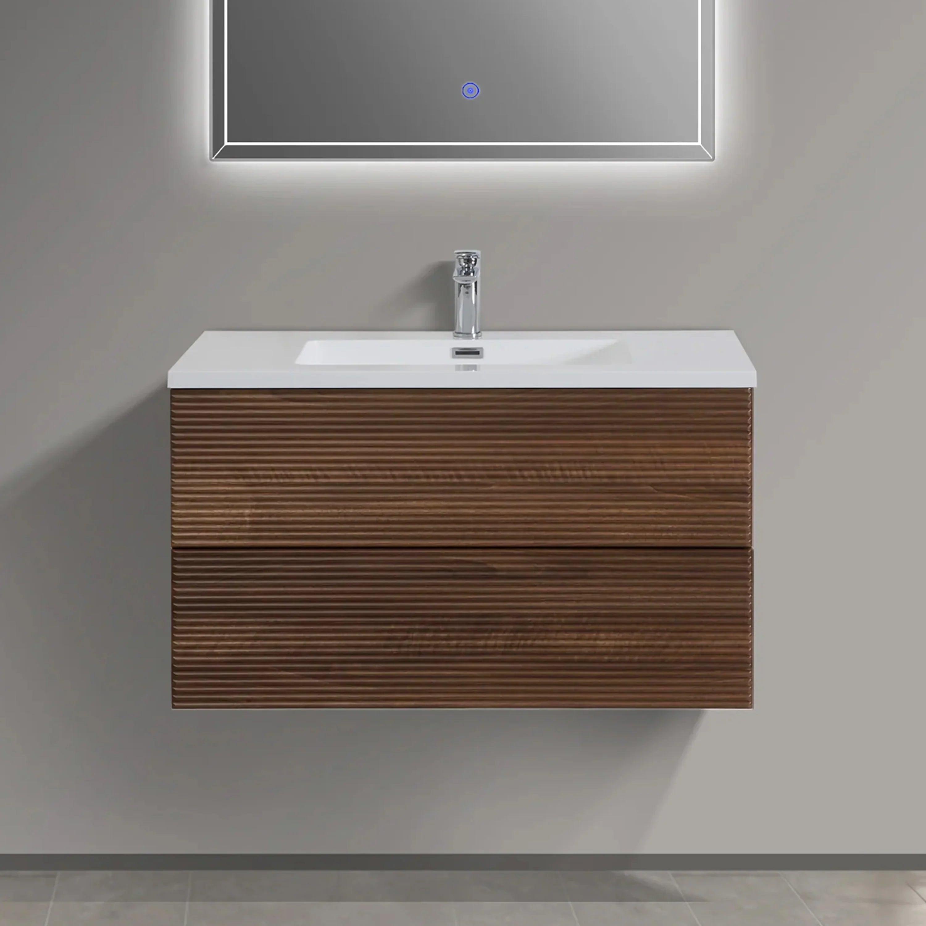 36" Walnut Wall Mount Bathroom Vanity with White Polymarble Countertop