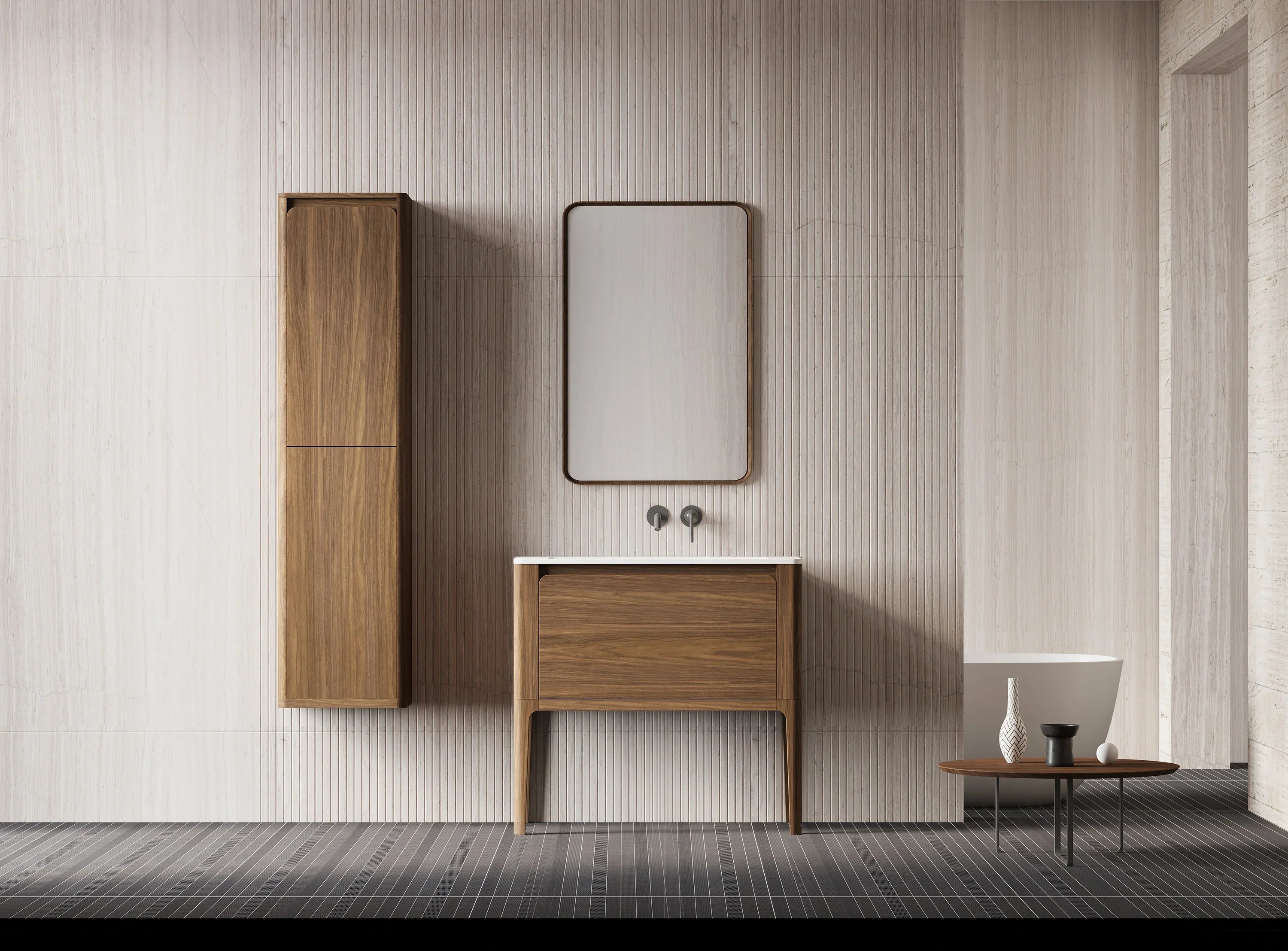 36" Walnut Wall Mount Bathroom Vanity with Matte White Solid Surface Countertop