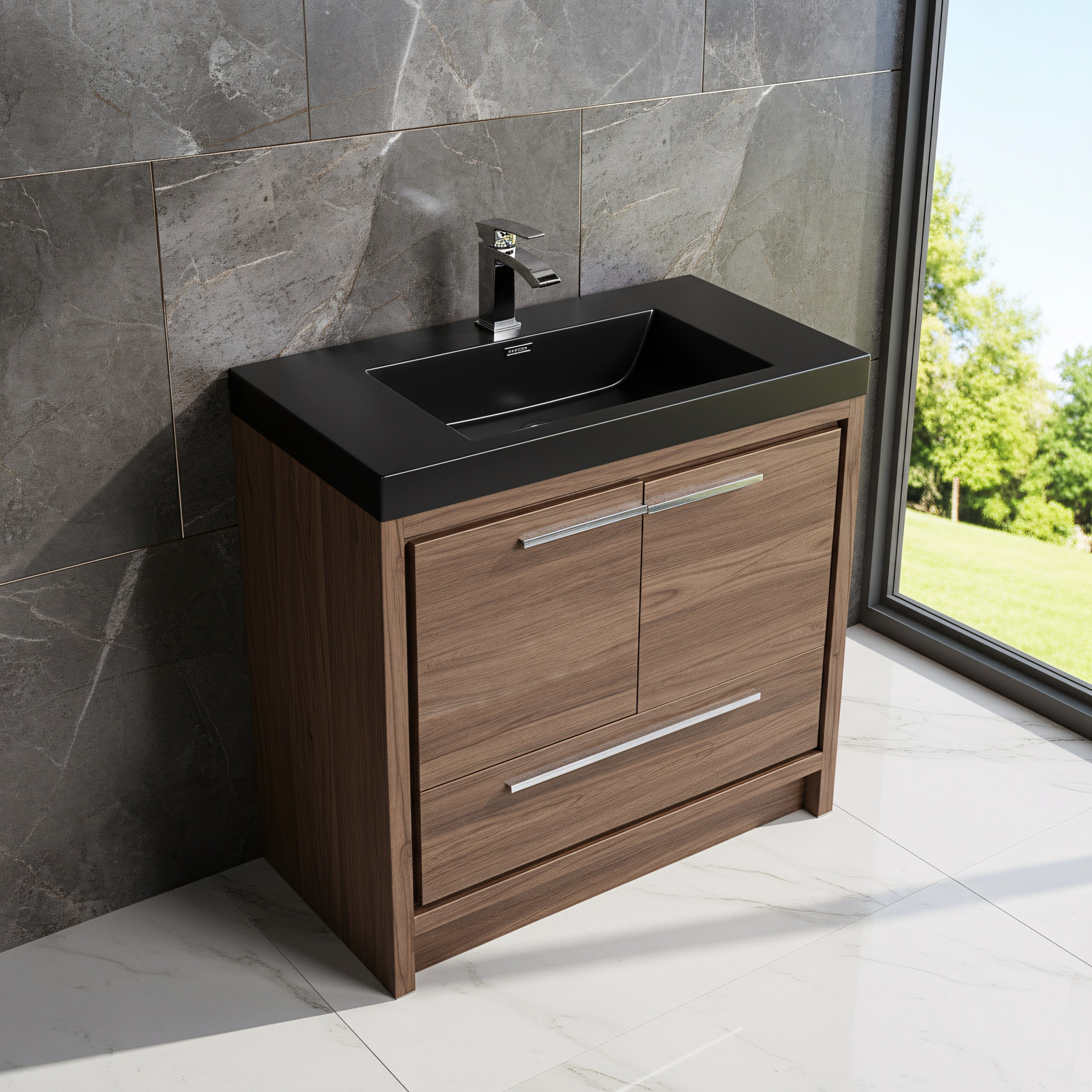 36" Walnut Freestanding Bathroom Vanity with Black Engineered Quartz Countertop-Migration_Bathroom Vanities-DECOROLALA