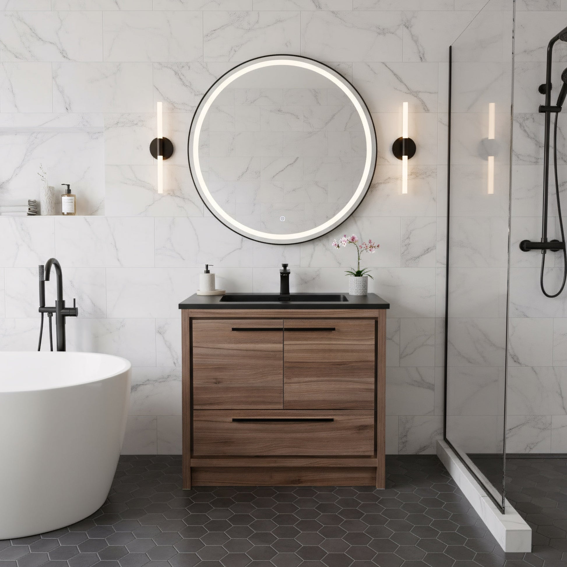 36" Walnut Freestanding Bathroom Vanity with Black Engineered Quartz Countertop-Migration_Bathroom Vanities-DECOROLALA