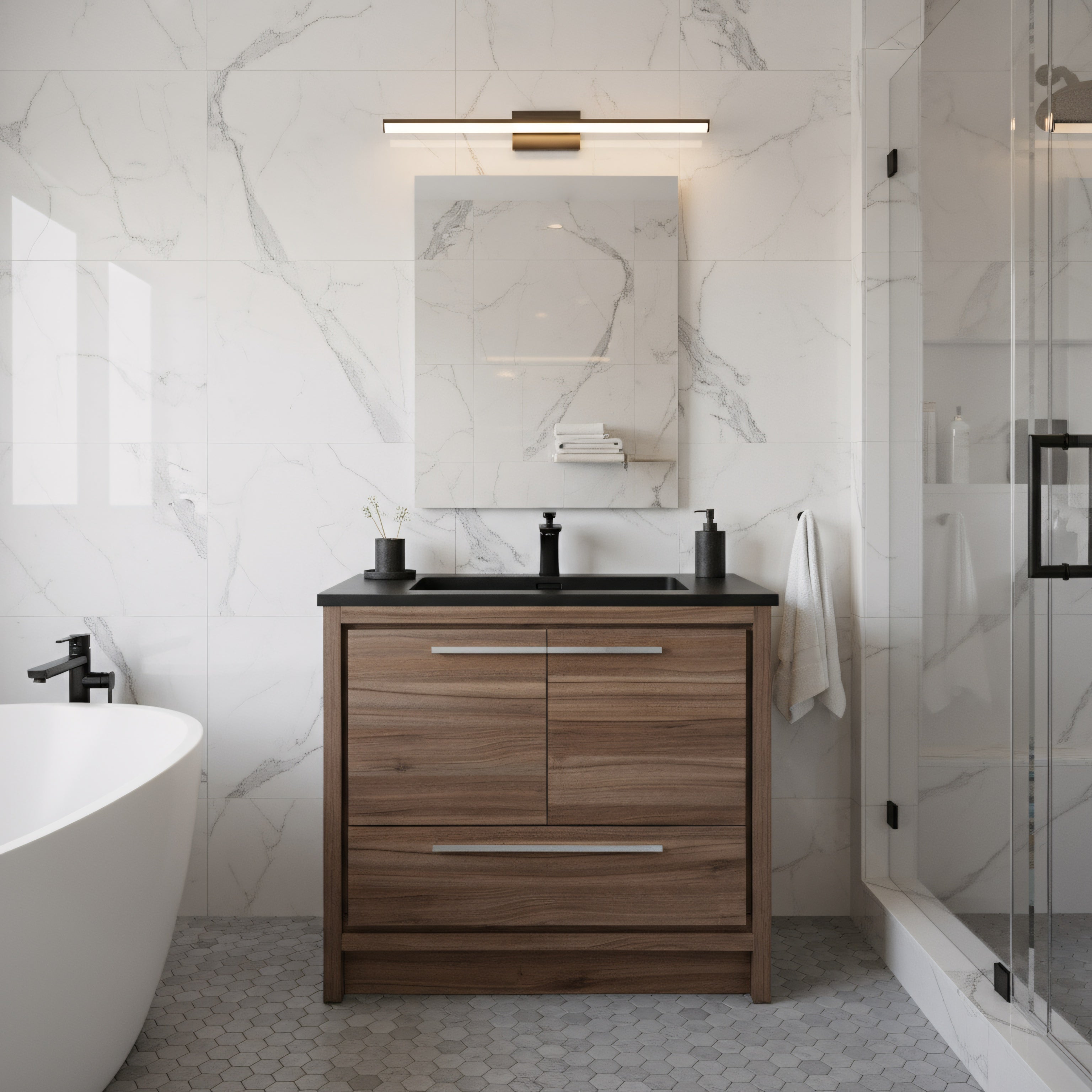 36" Walnut Freestanding Bathroom Vanity with Black Engineered Quartz Countertop-Migration_Bathroom Vanities-DECOROLALA