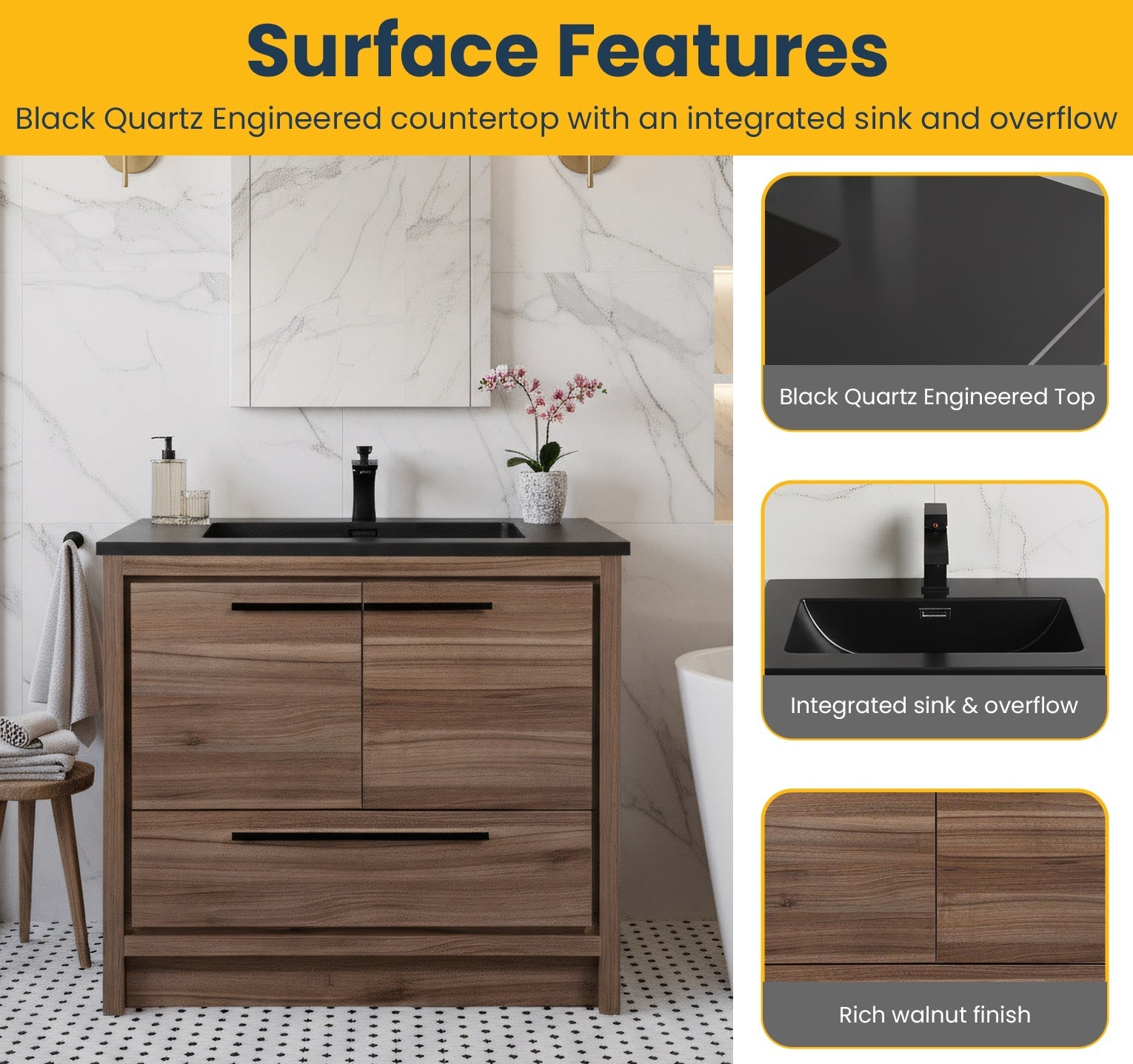 36" Walnut Freestanding Bathroom Vanity with Black Engineered Quartz Countertop-Migration_Bathroom Vanities-DECOROLALA
