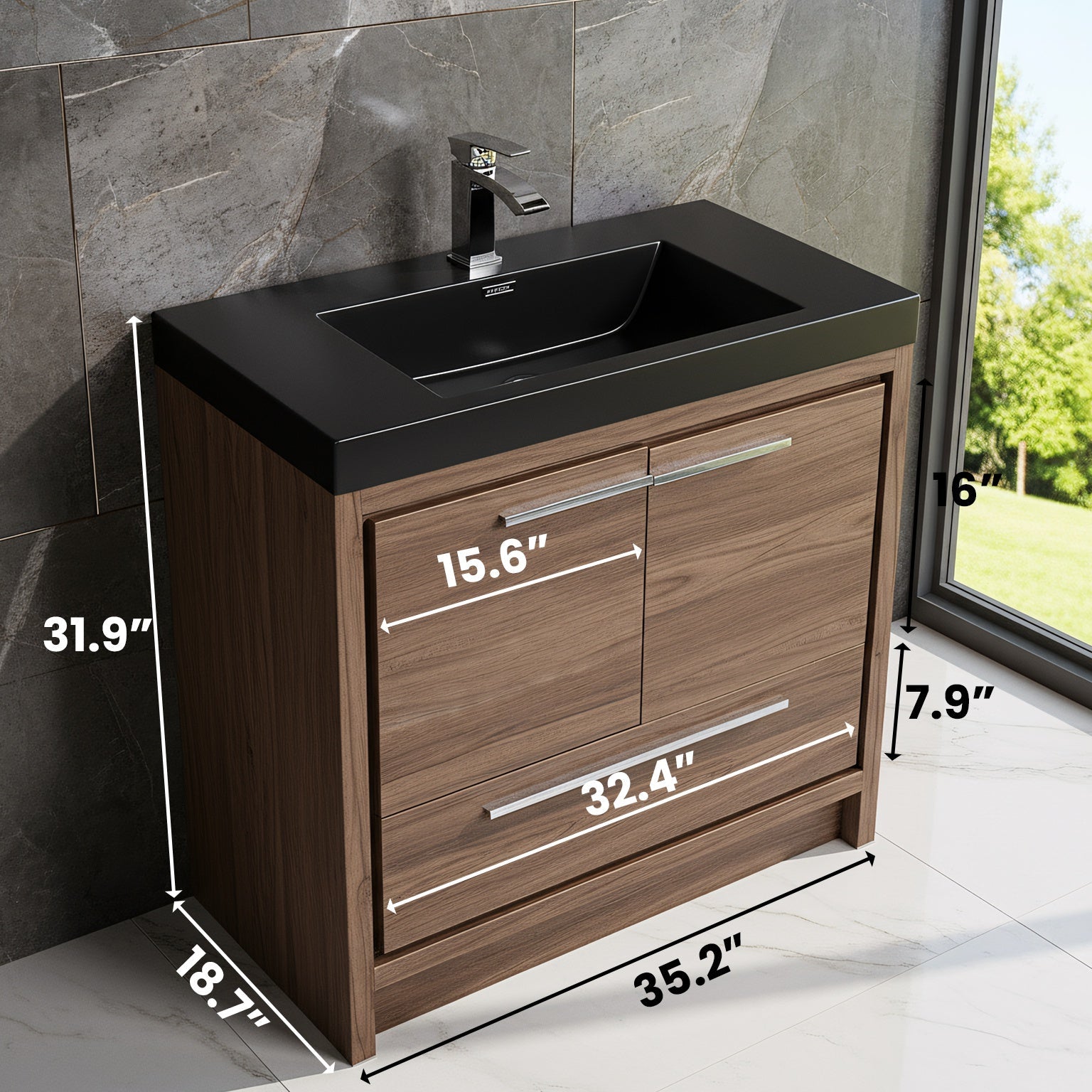 36" Walnut Freestanding Bathroom Vanity with Black Engineered Quartz Countertop-Migration_Bathroom Vanities-DECOROLALA
