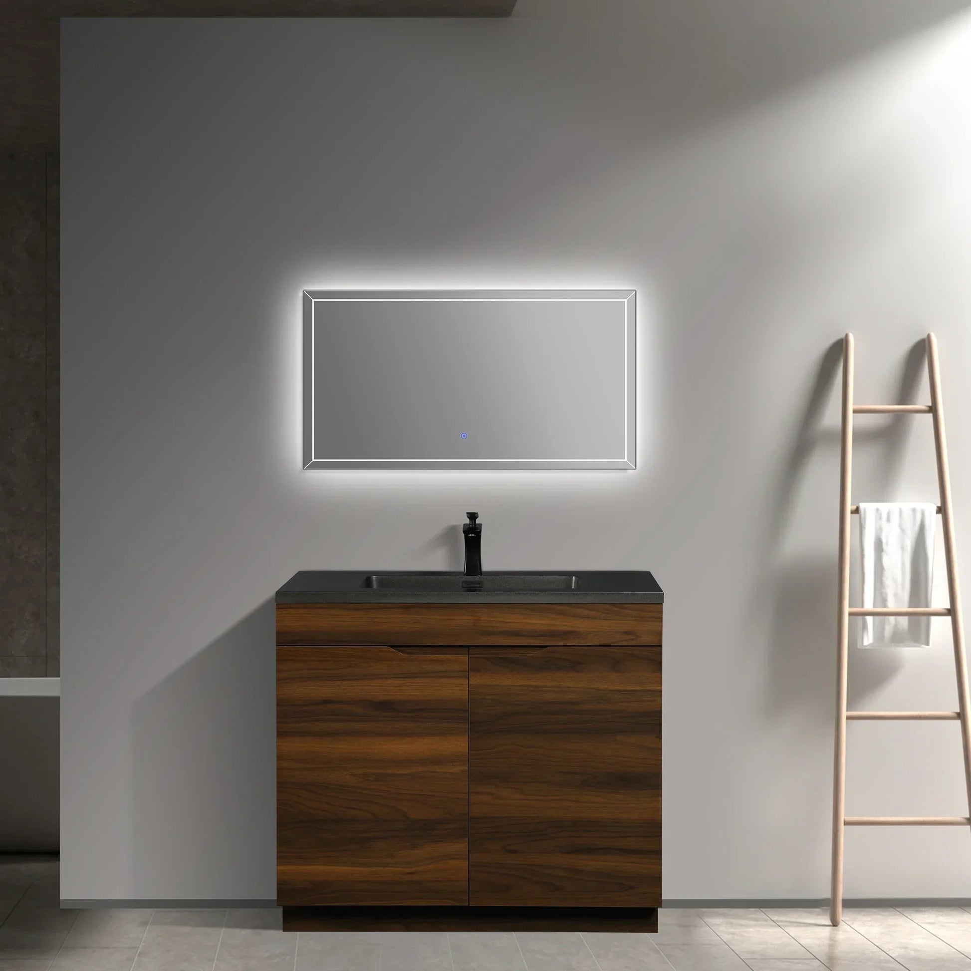 36" Walnut Freestanding Bathroom Vanity with Black Engineered Quartz Countertop-Migration_Bathroom Vanities-DECOROLALA