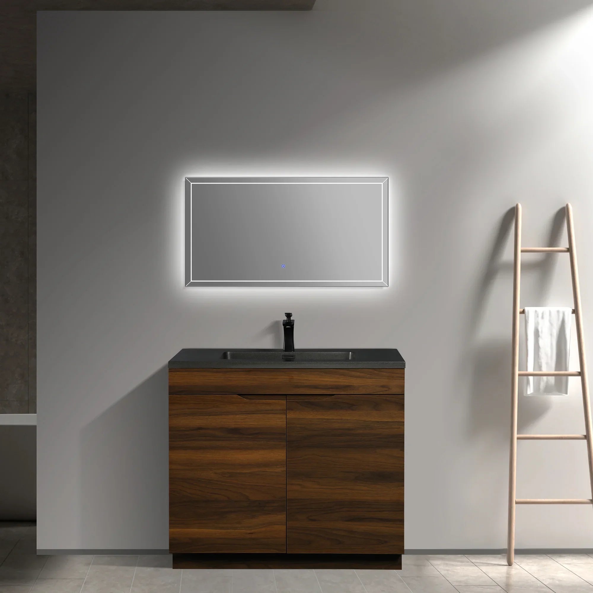 36" Walnut Freestanding Bathroom Vanity with Black Engineered Quartz Countertop-Migration_Bathroom Vanities-DECOROLALA
