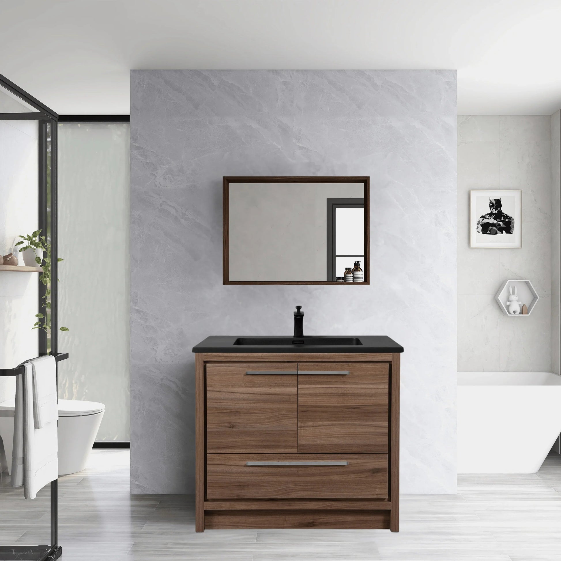 36" Walnut Freestanding Bathroom Vanity with Black Engineered Quartz Countertop-Migration_Bathroom Vanities-DECOROLALA