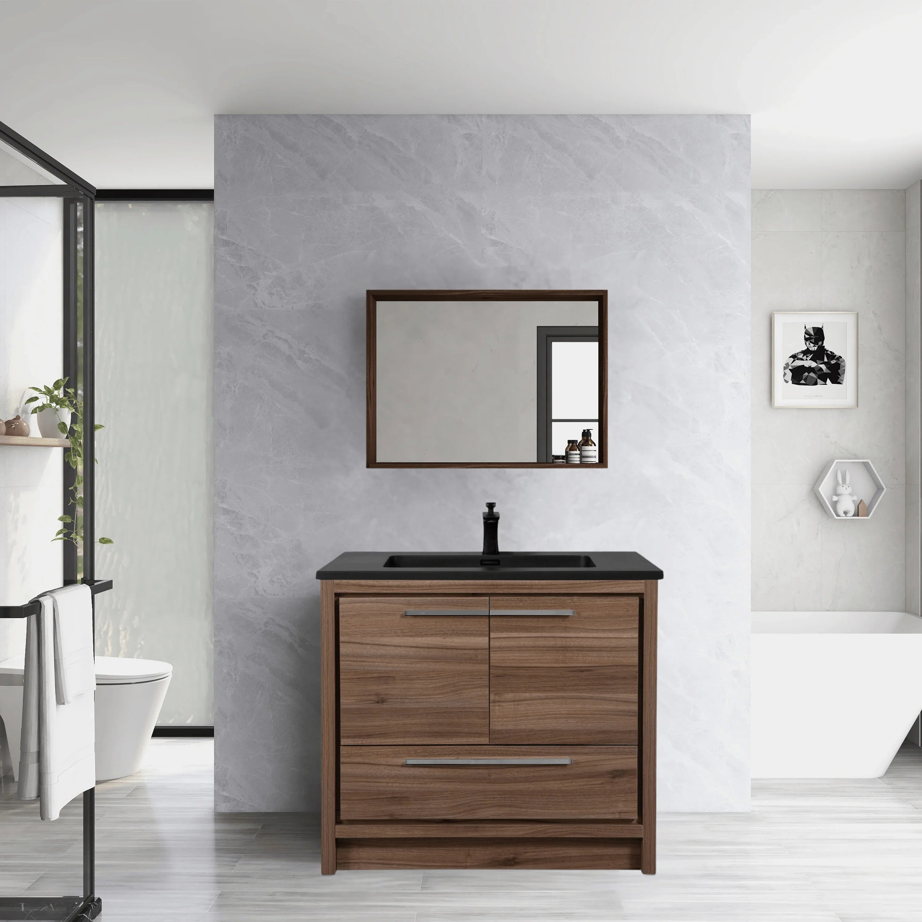 36" Walnut Freestanding Bathroom Vanity with Black Engineered Quartz Countertop-Migration_Bathroom Vanities-DECOROLALA