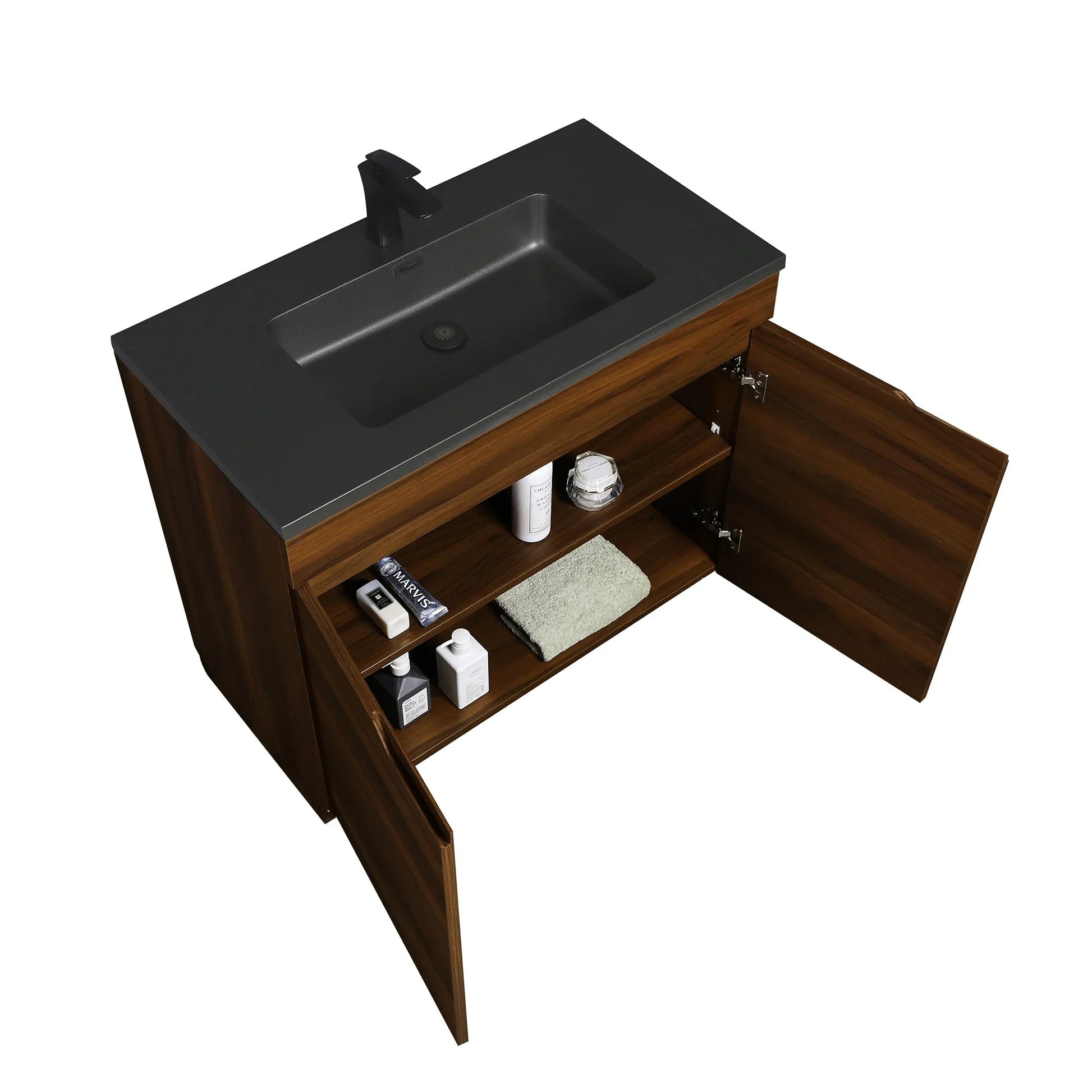 36" Walnut Freestanding Bathroom Vanity with Black Engineered Quartz Countertop-Migration_Bathroom Vanities-DECOROLALA