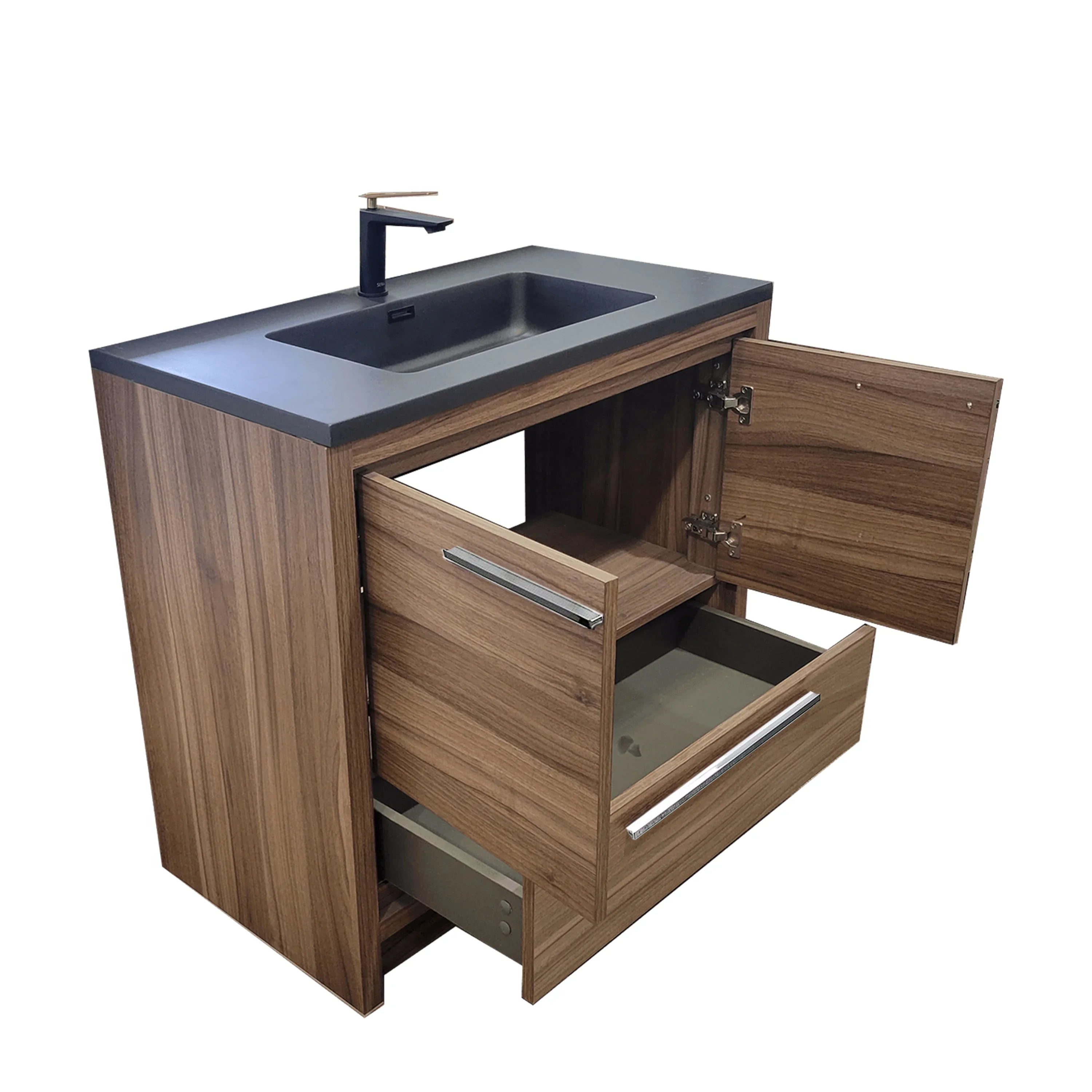 36" Walnut Freestanding Bathroom Vanity with Black Engineered Quartz Countertop-Migration_Bathroom Vanities-DECOROLALA